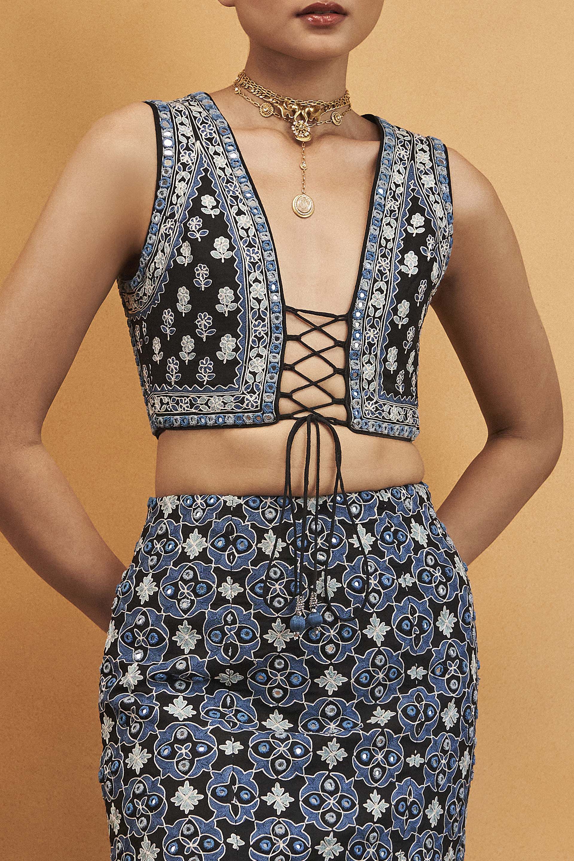 Symphony Of Blooms Mirror Embroidered Silk Skirt Set - Black, Black, image 3