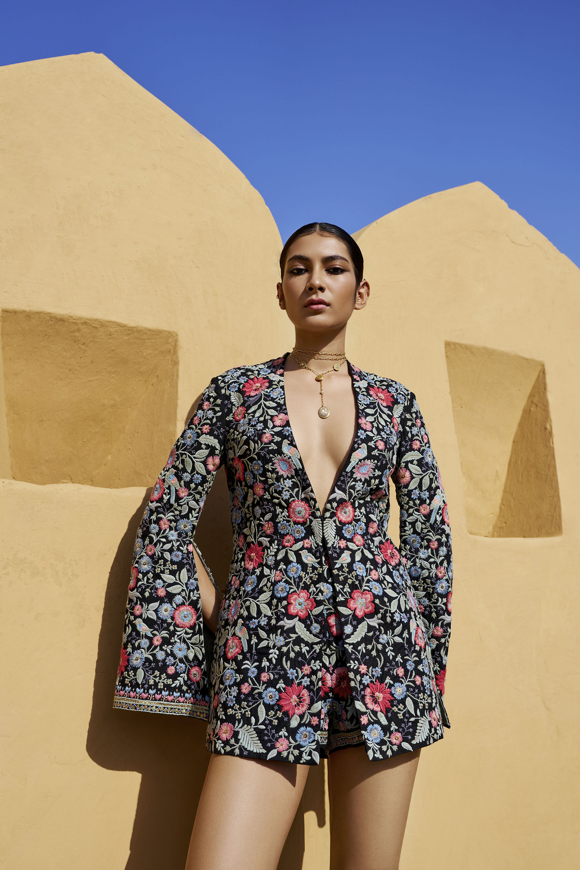 Floral Ballad Embroidered Silk Shorts Set - Black, Black, image 2