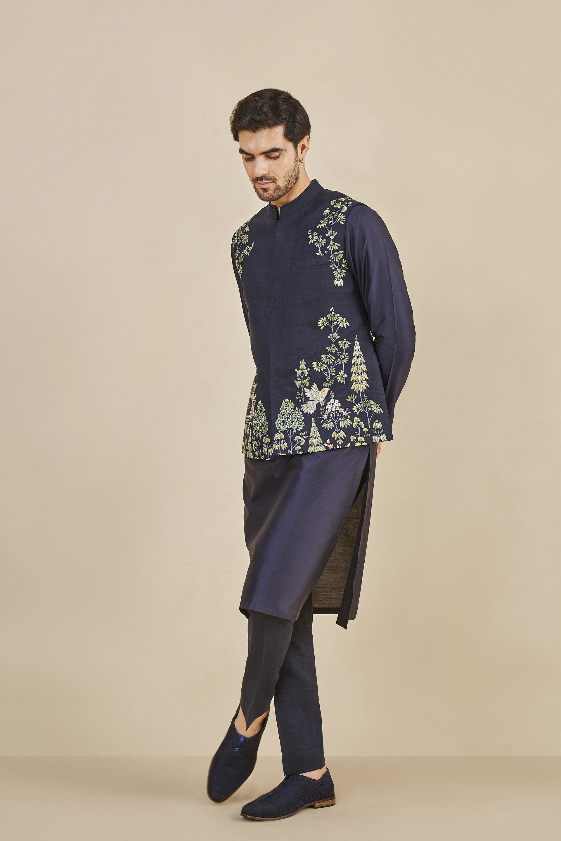 Nikunj Hand-painted Pichhwai Silk Nehru Jacket - Navy, Navy, image 2