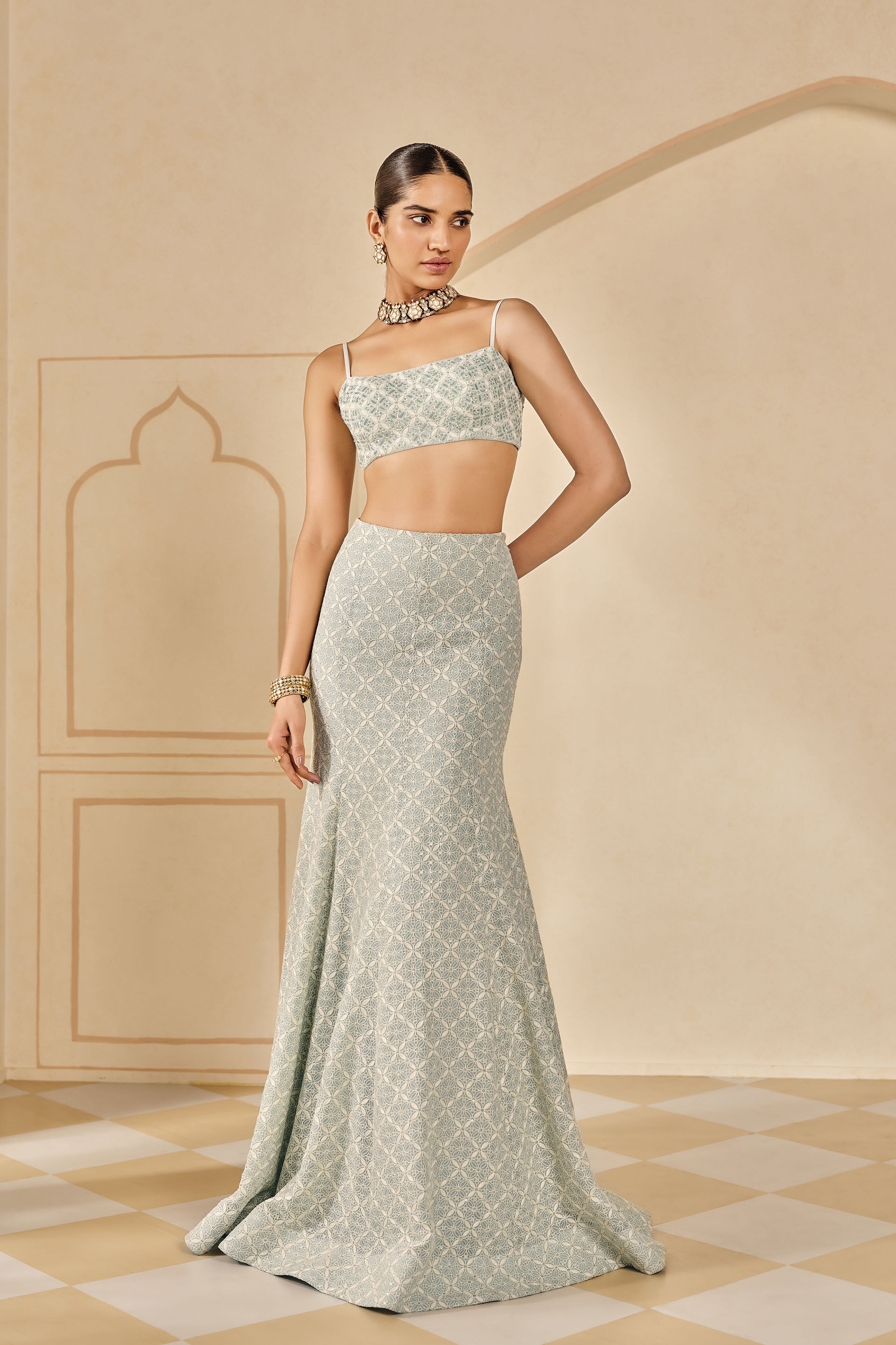 Buy Designer Alinta Sequin Silk Skirt Set Powder Blue Online