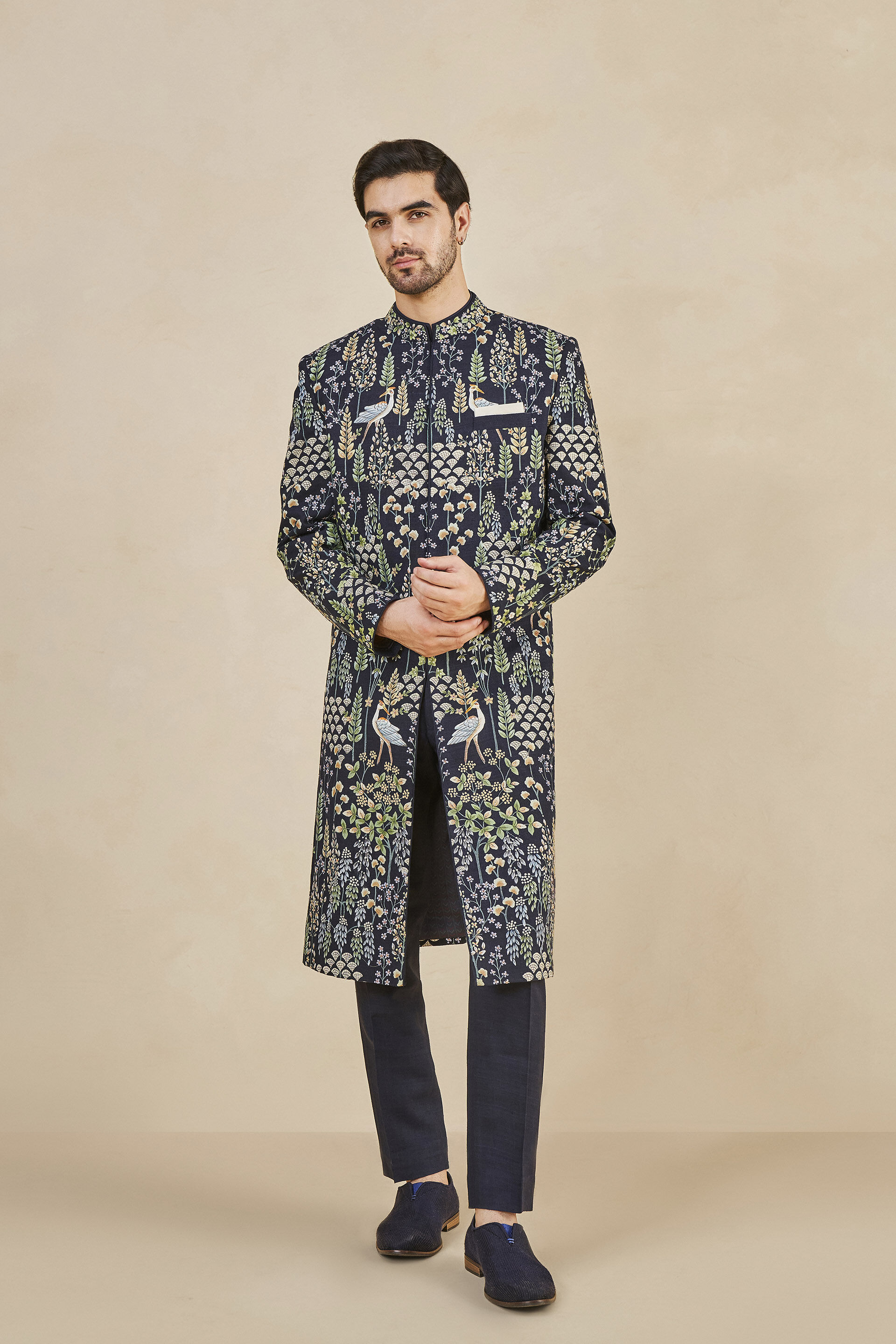 Fardan Hand-painted Pichhwai Silk Sherwani - Navy