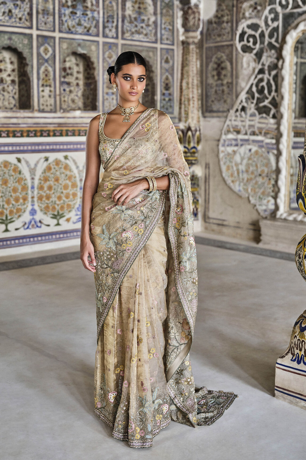 Buy Designer Suramya Embroidered Zardozi Silk Saree – Gold Online from Anita Dongre