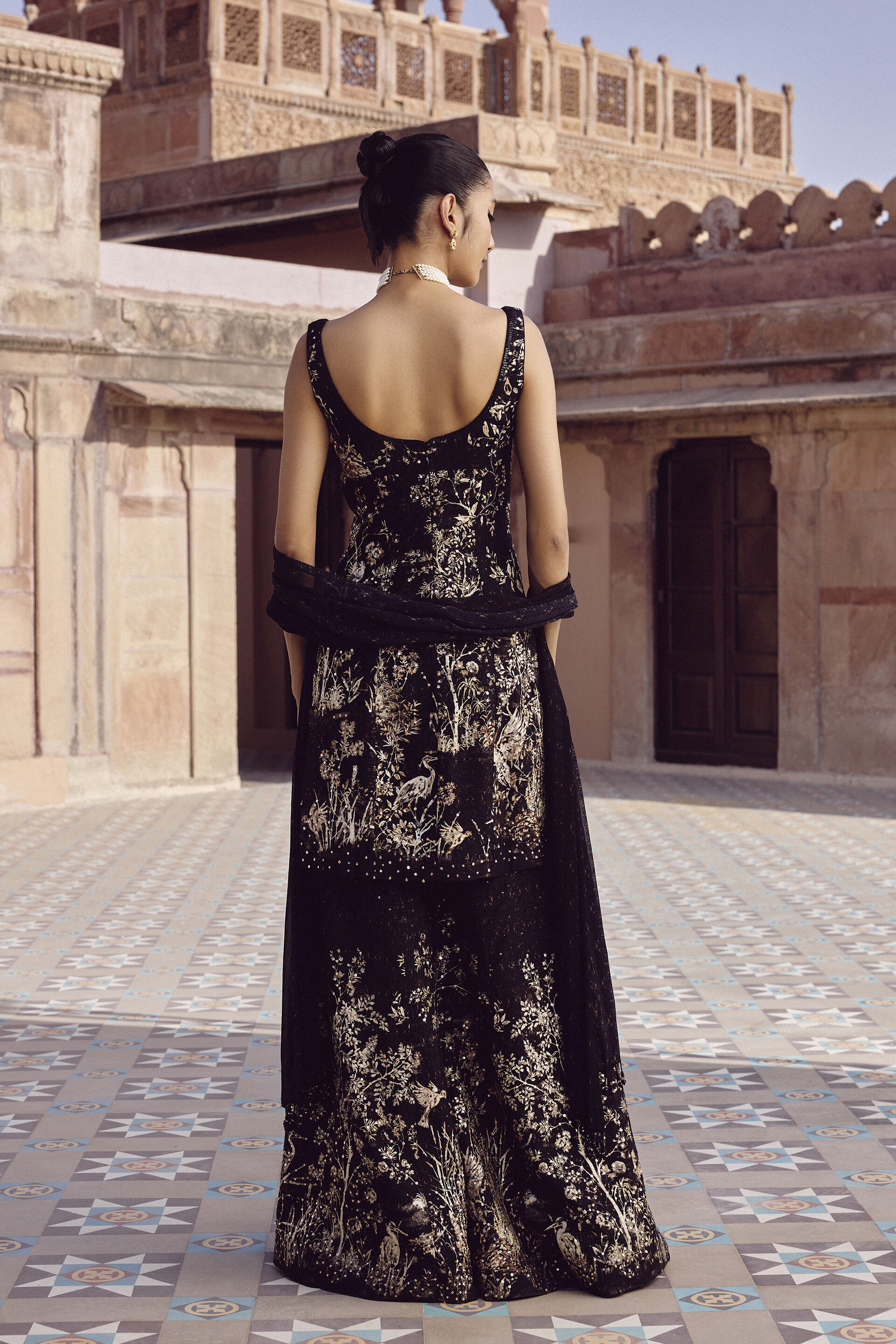 Alayla Embroidered Silk Sharara Set - Black