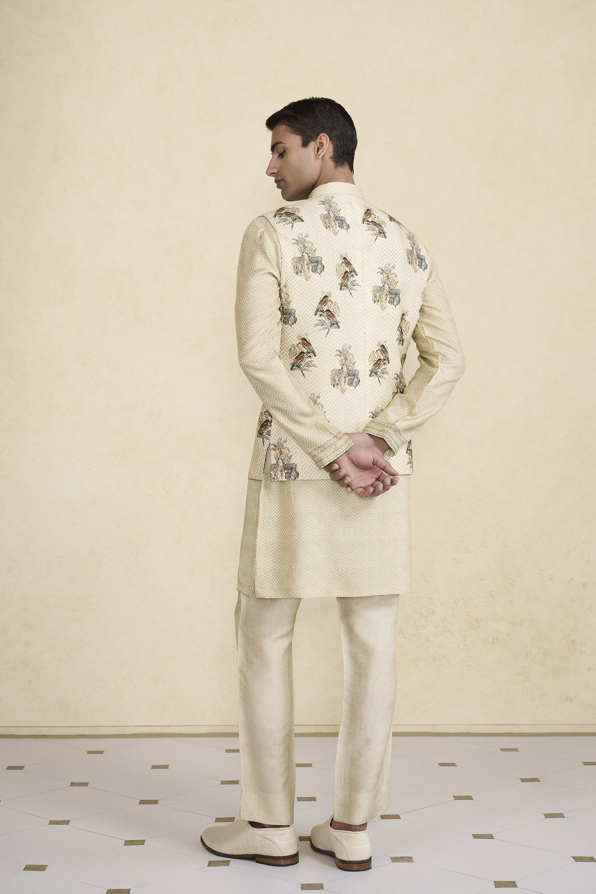 Krushan Printed Silk Nehru Jacket - Beige