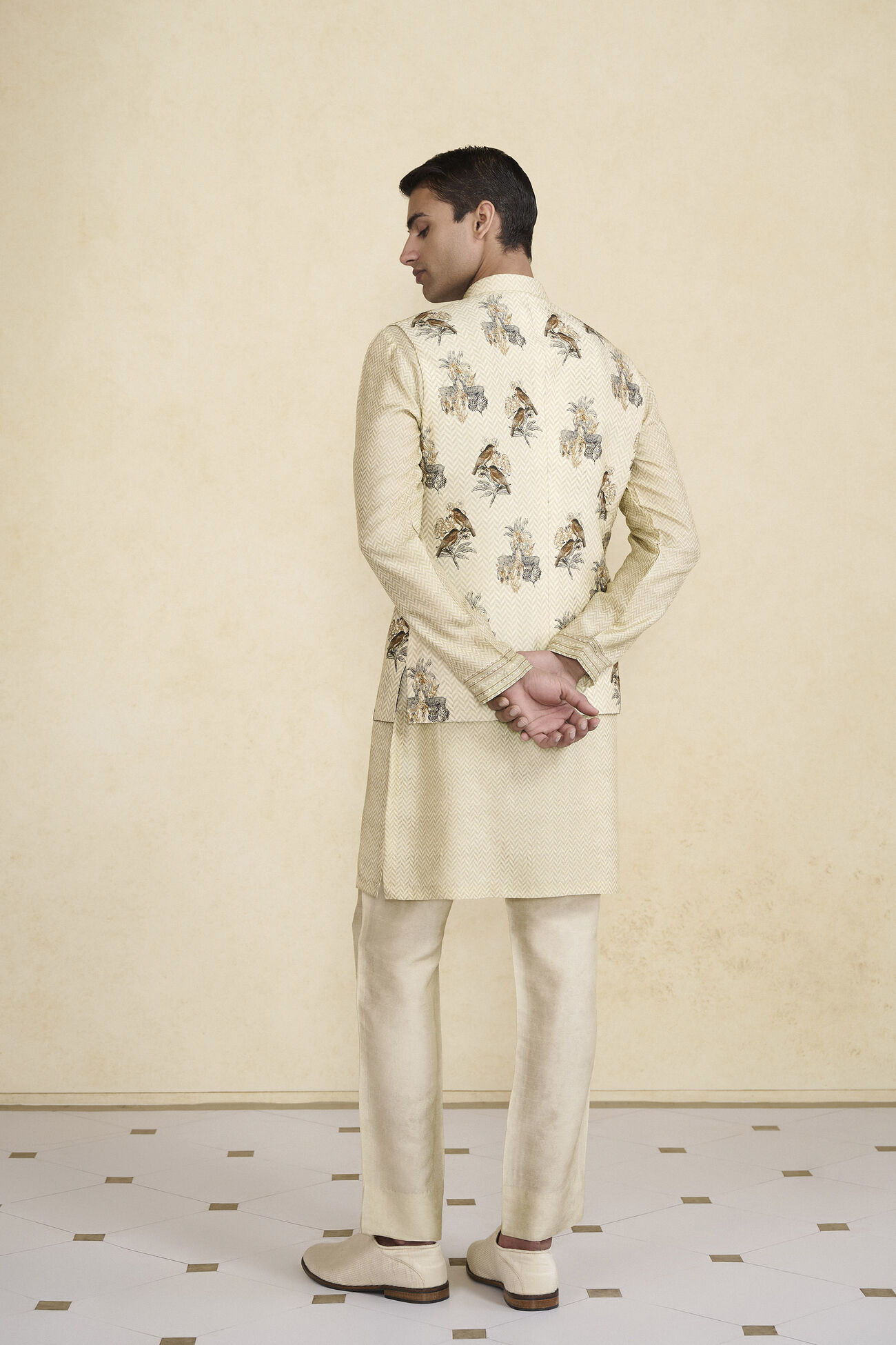 Buy Krushan Printed Silk Nehru Jacket Beige Online for Wedding