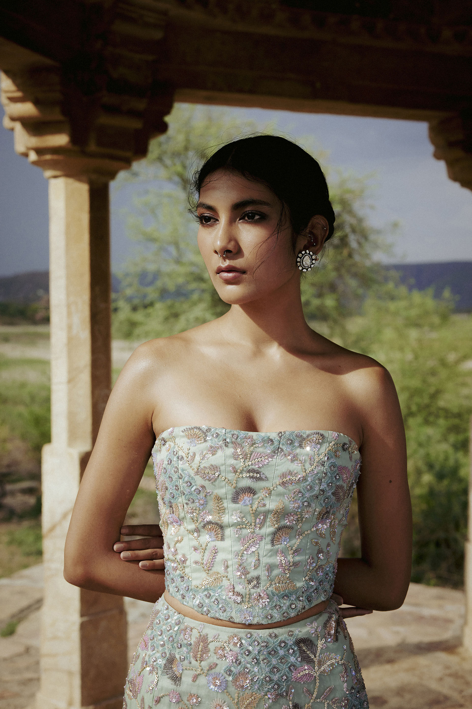 Kusha Embroidered Silk Skirt Set - Sage, Sage, image 3