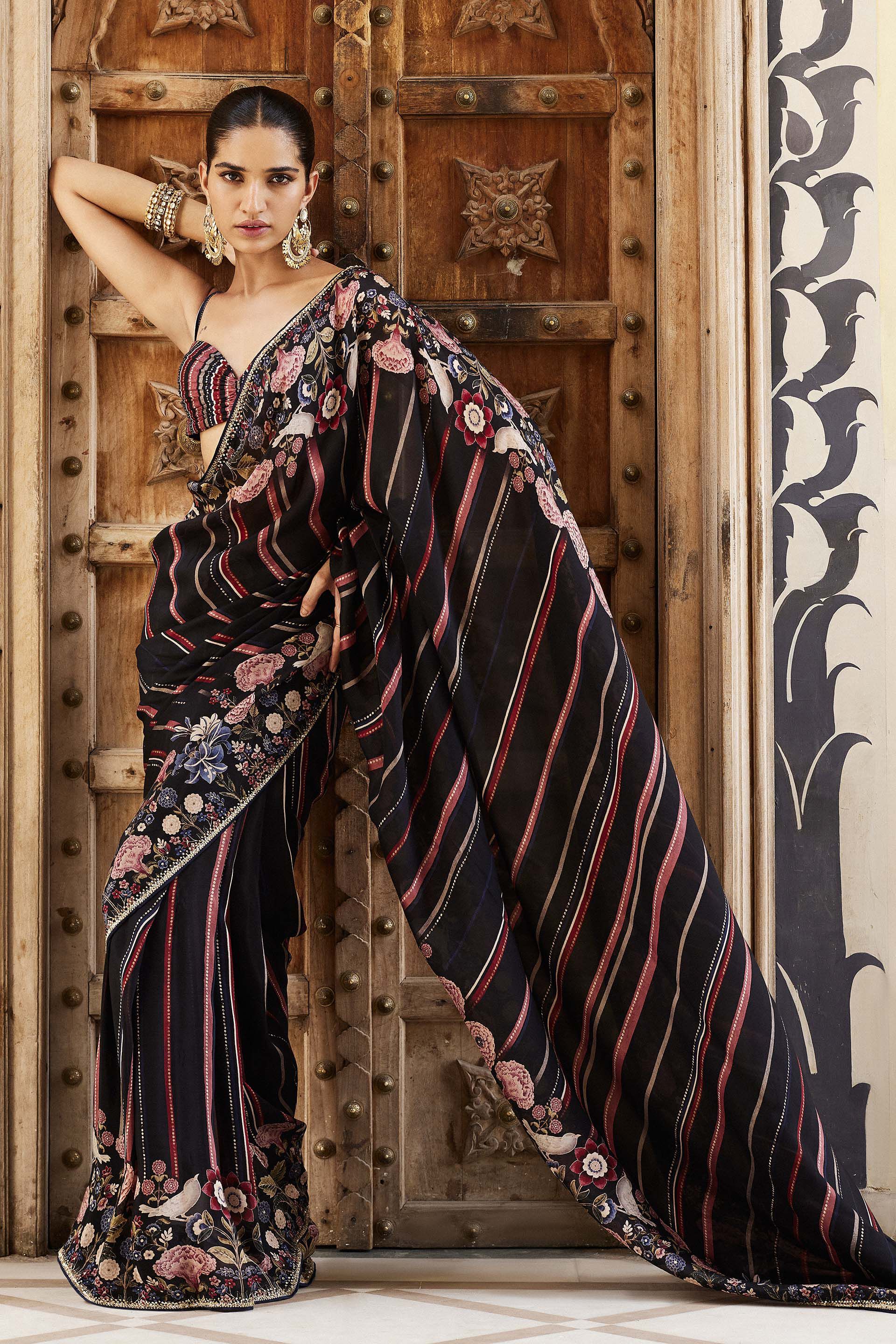 Ezha Embroidered Saree Black
