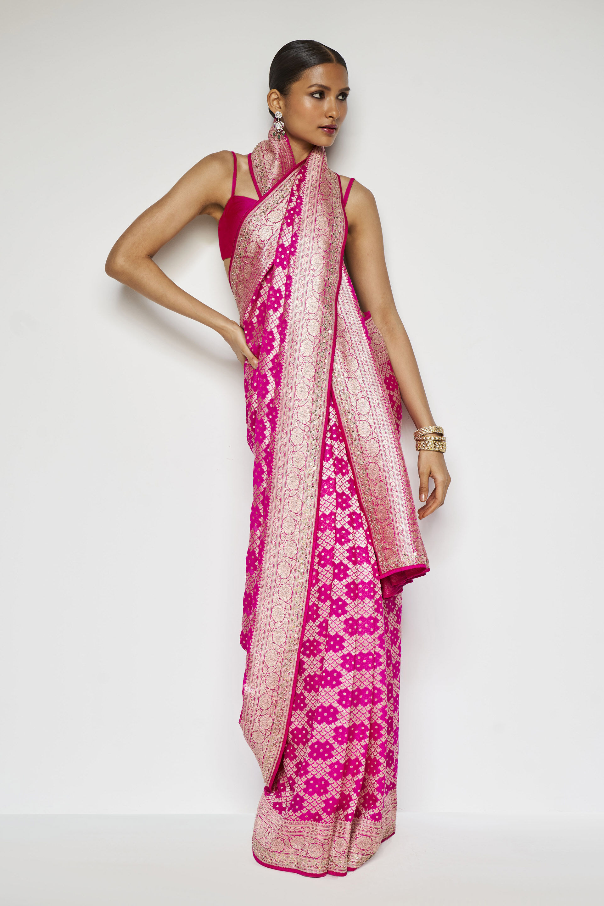 Gul Handwoven Benarasi Gota Patti Silk Saree, Pink, image 3