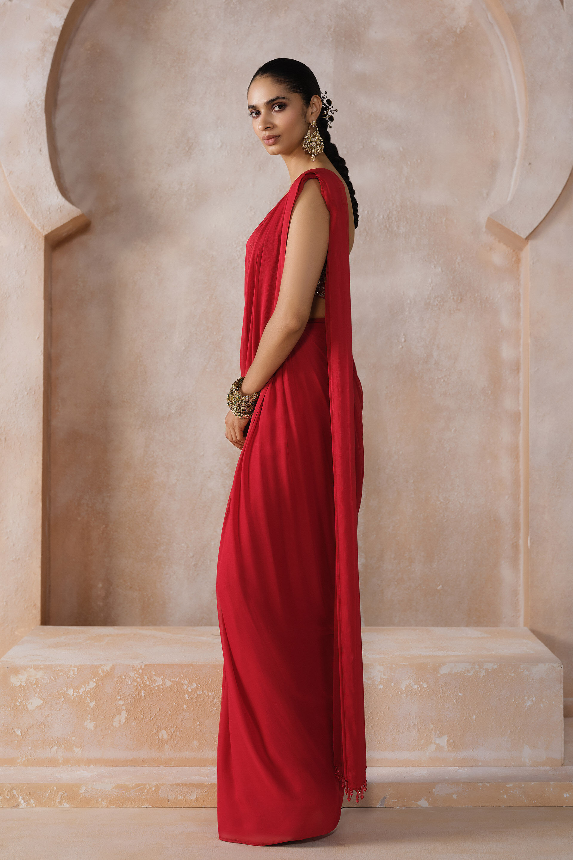 Yuthika Embroidered Cord Pre-draped Saree - Red, Red, image 3