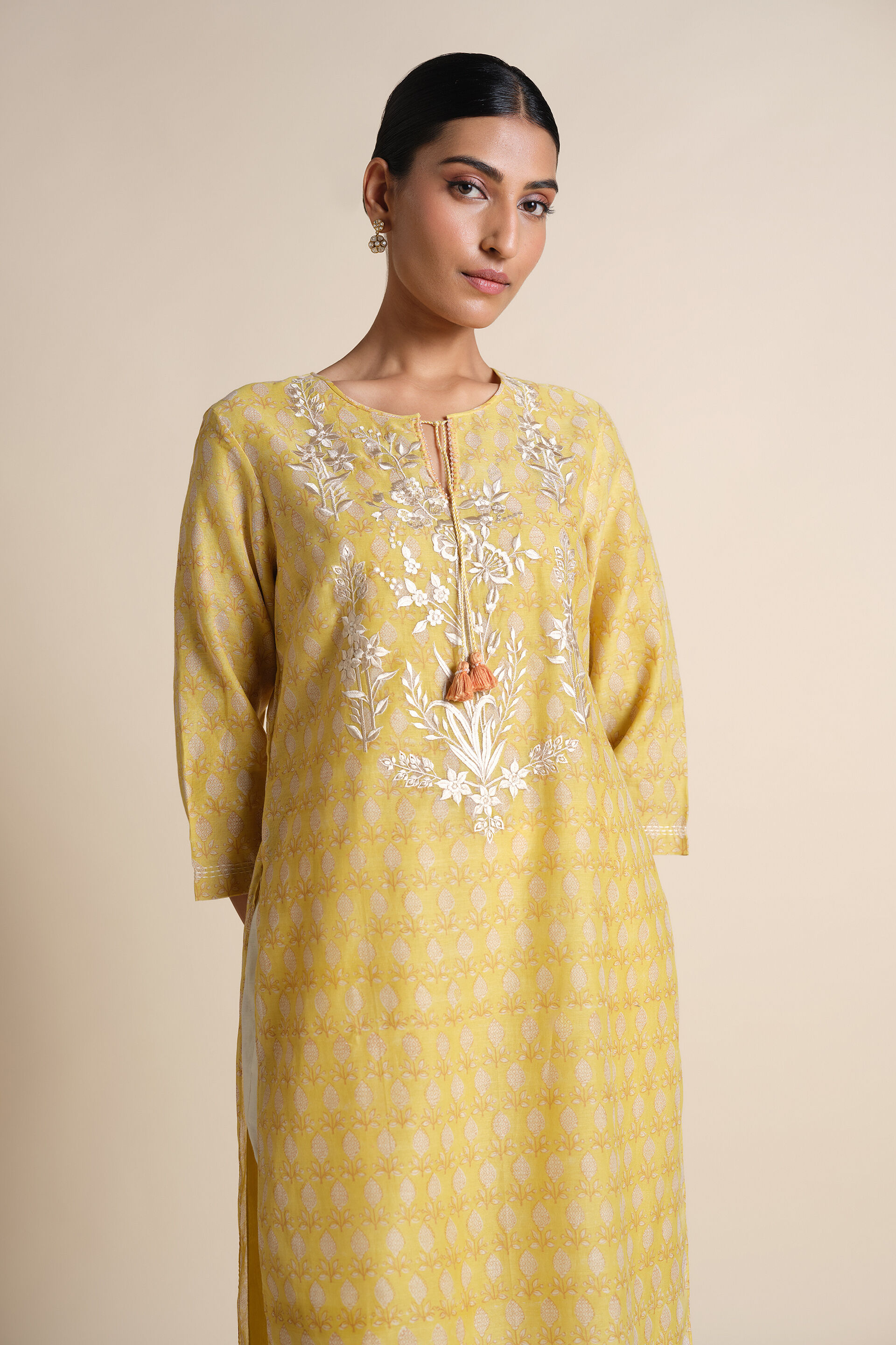 Ekara Embroidered Mul Kurta - Yellow, Yellow, image 4