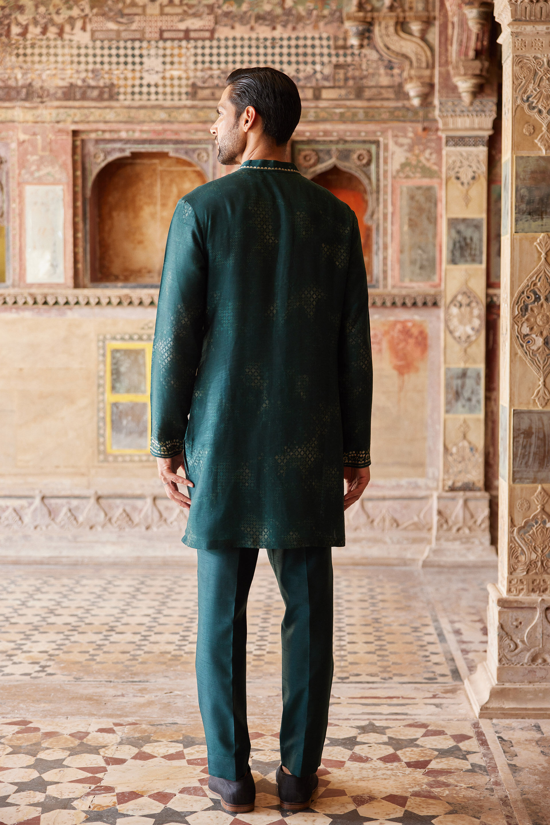 Khidr Printed Silk Kurta - Green