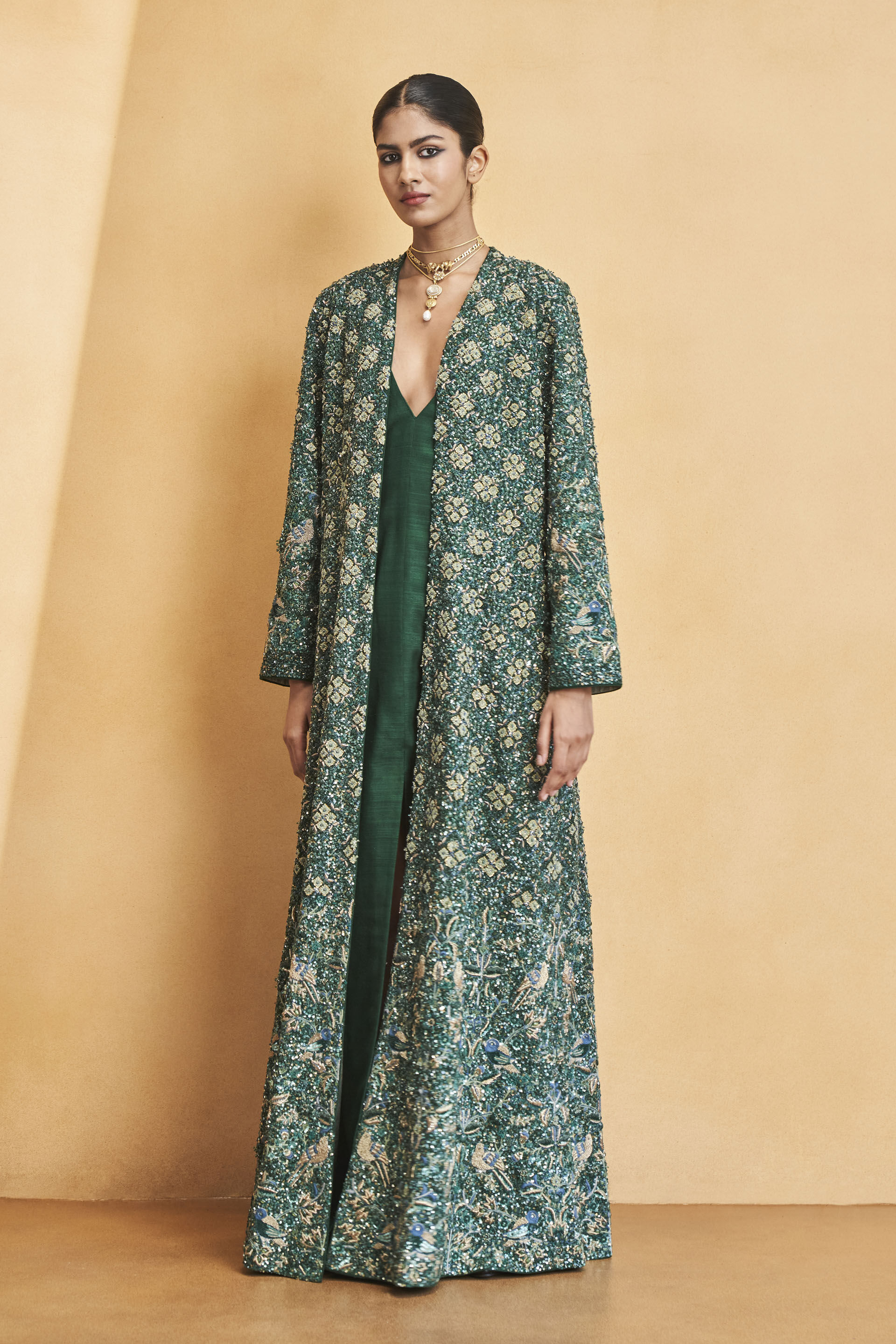Deep Into The Wild Embroidered Zardozi Silk Jacket Set - Green