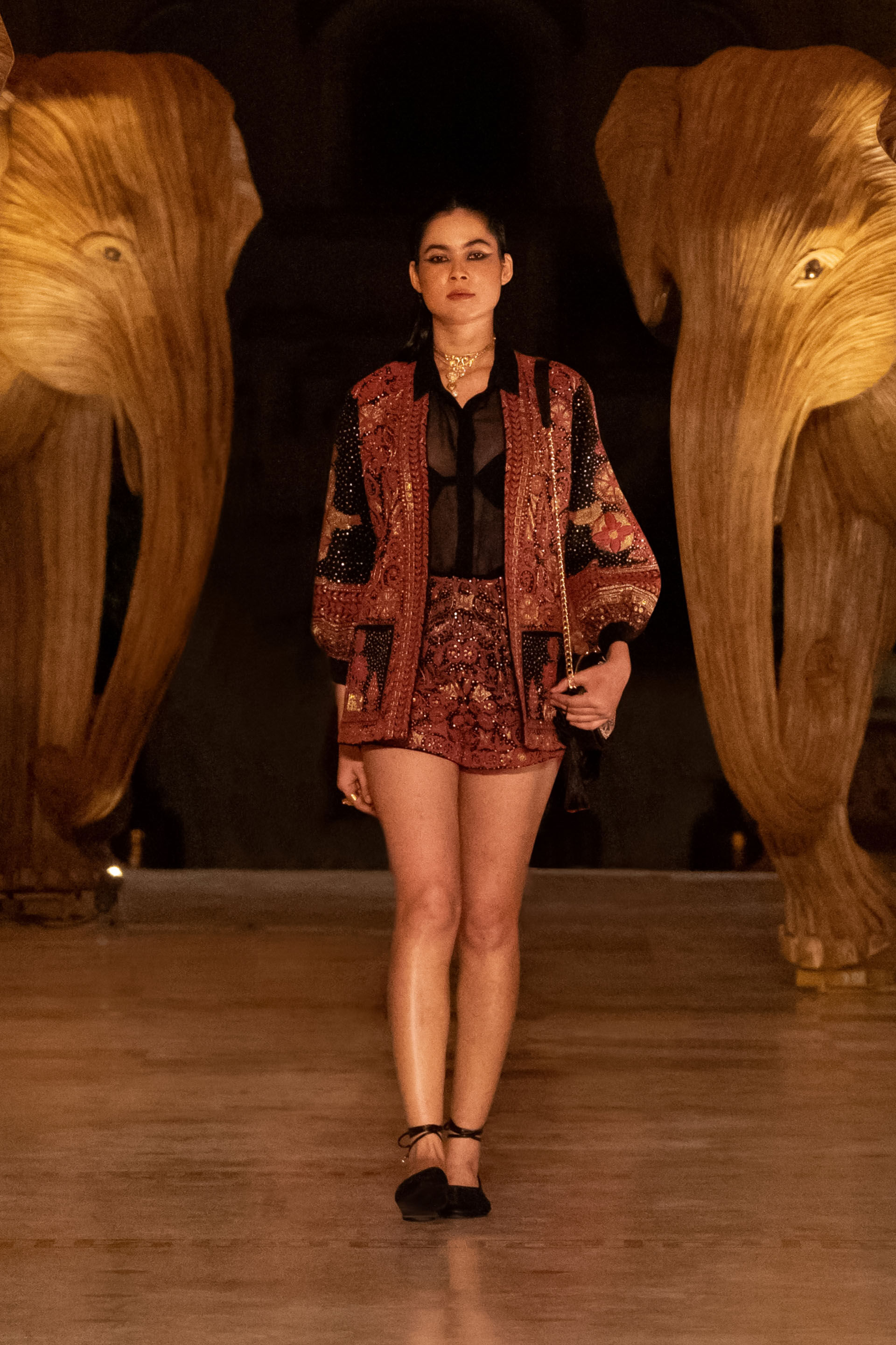 Nocturnal Wilderness Zardozi & Embroidered Cord Silk Jacket Set - Black, Black, image 6