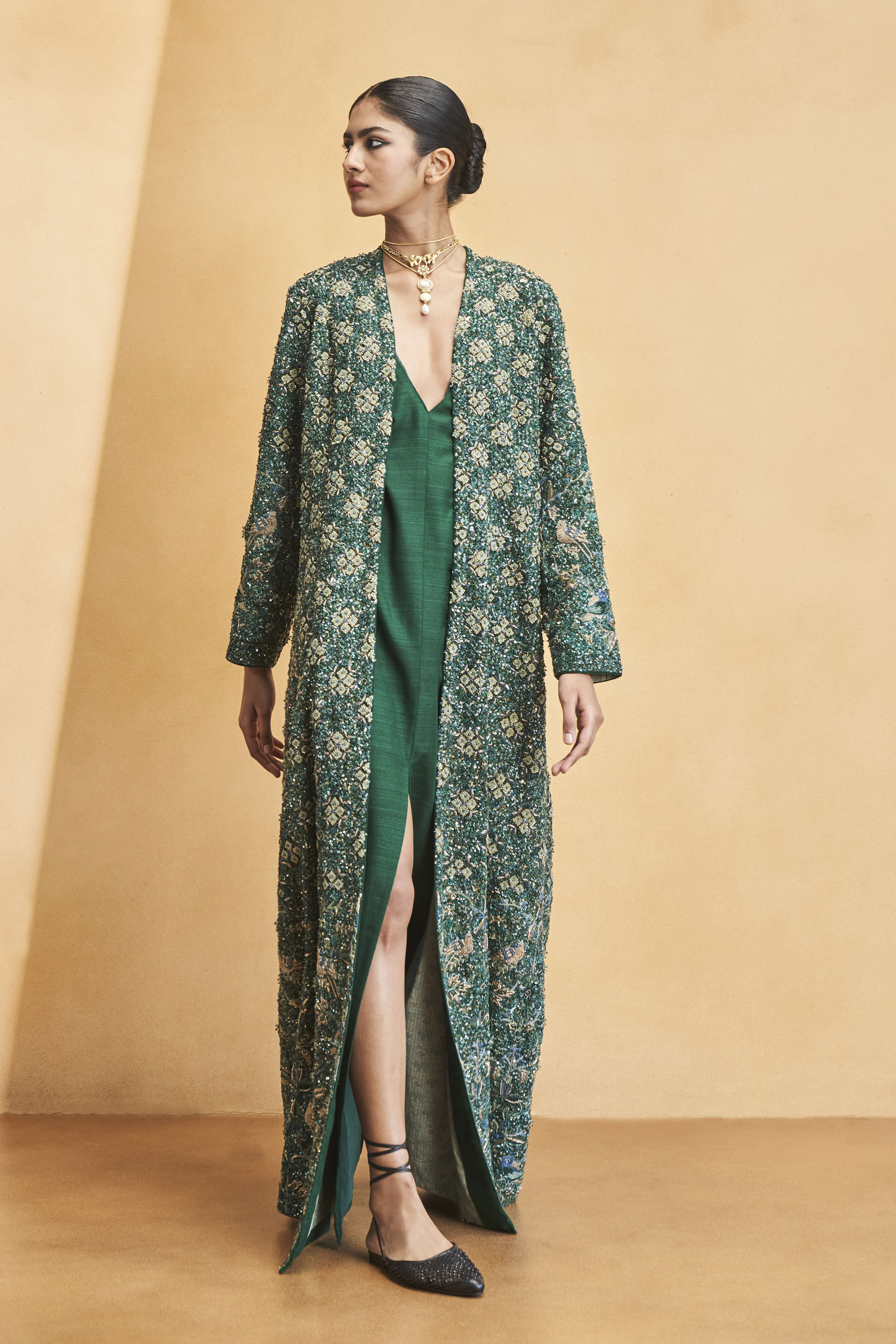 Deep Into The Wild Embroidered Zardozi Silk Jacket Set - Green, Green, image 5