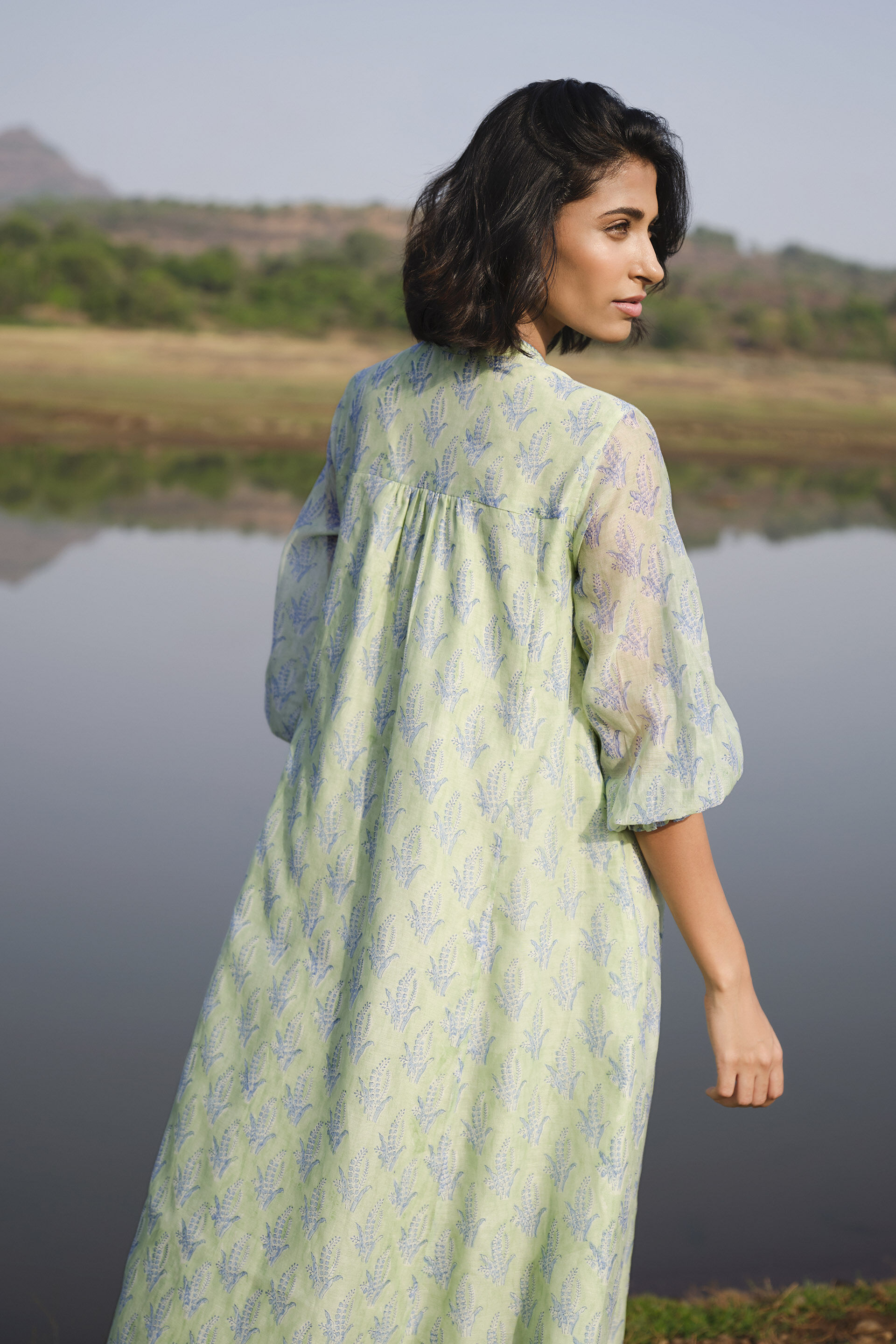 Treeline Hand-block Printed Mul Dress - Sage