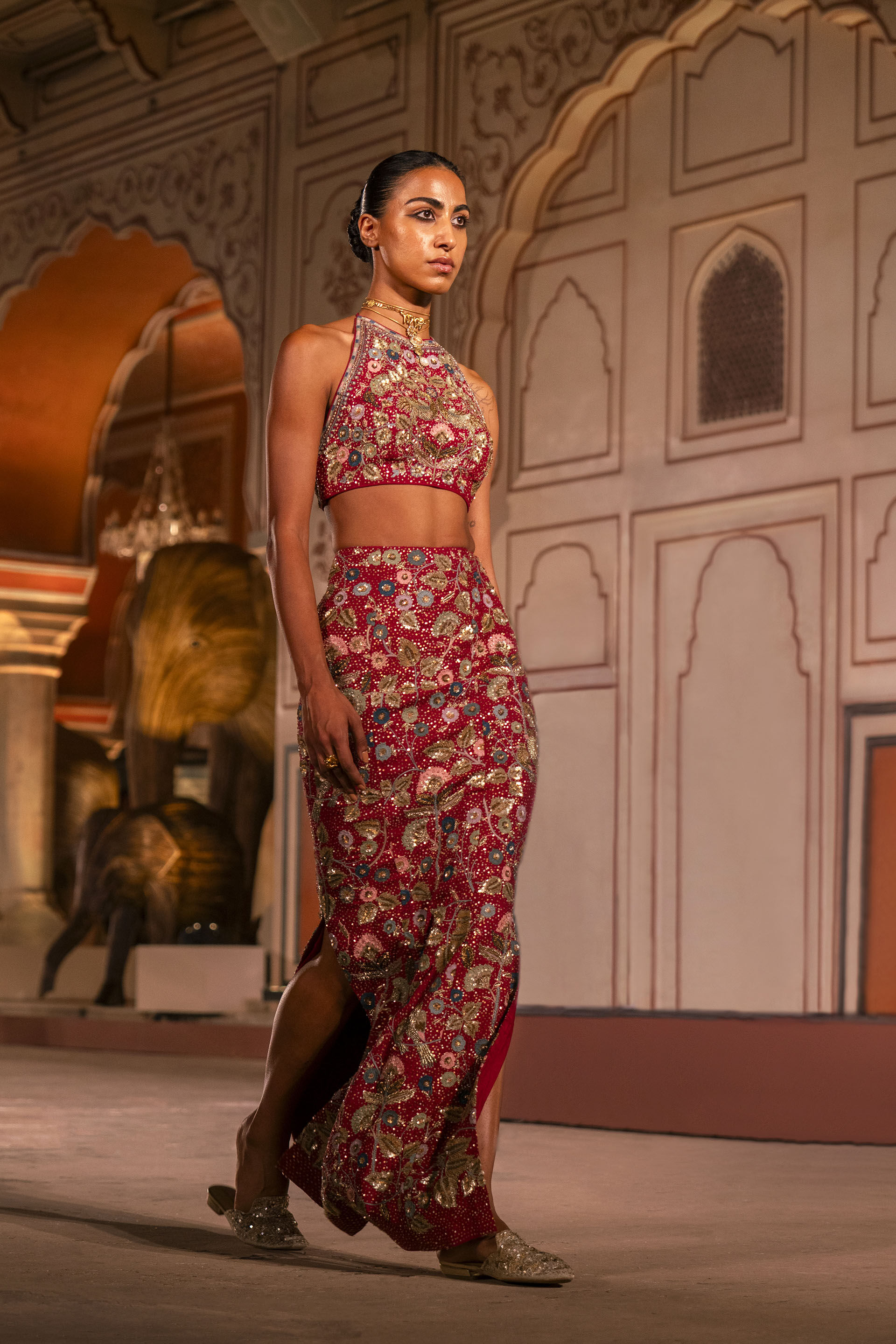 Symphony Of The Wilderness Embroidered Zardozi Silk Skirt Set - Wine, Wine, image 6