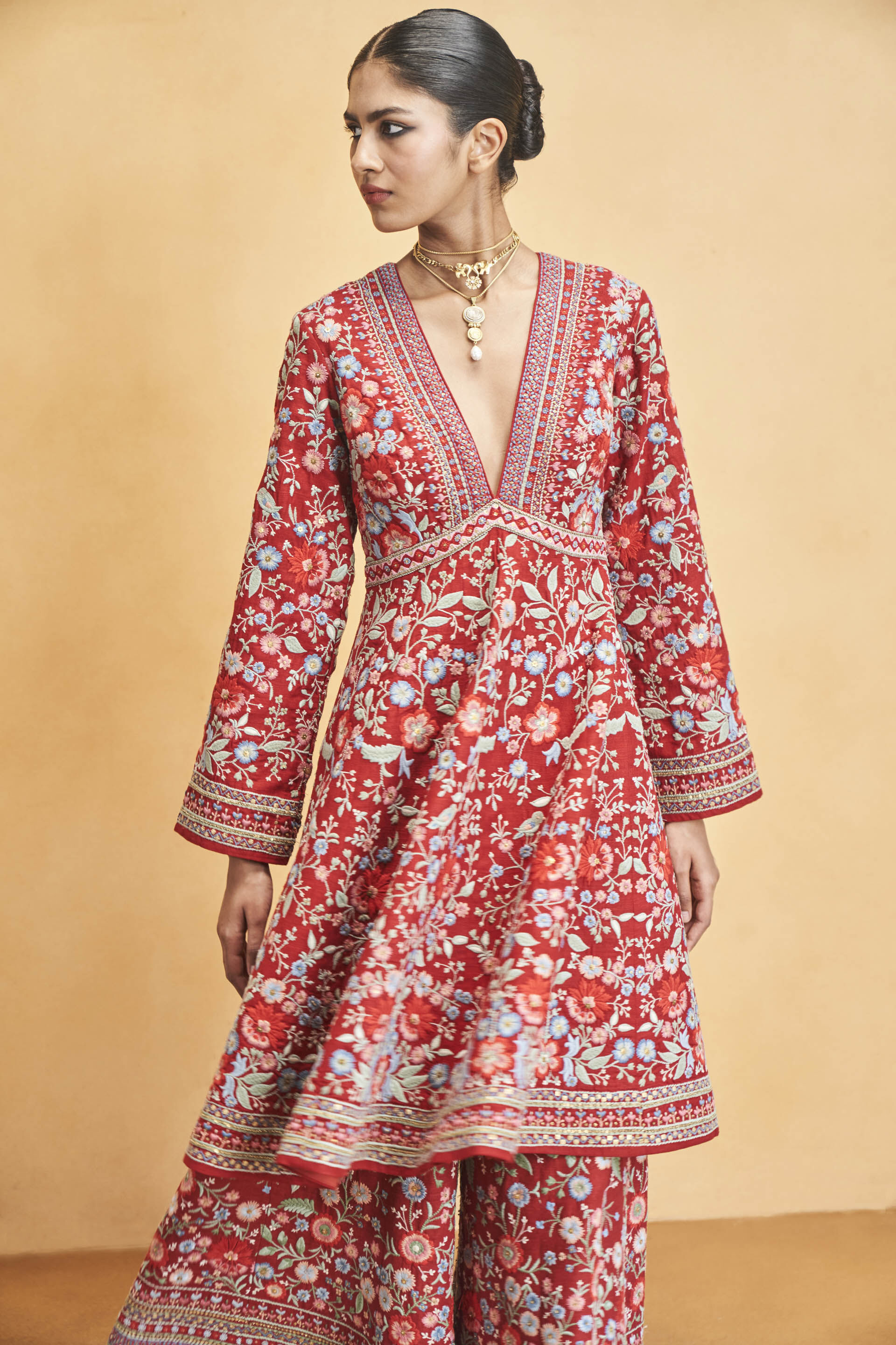 Floral Ballad Embroidered Zardozi Silk Kurta Set - Red, Red, image 4