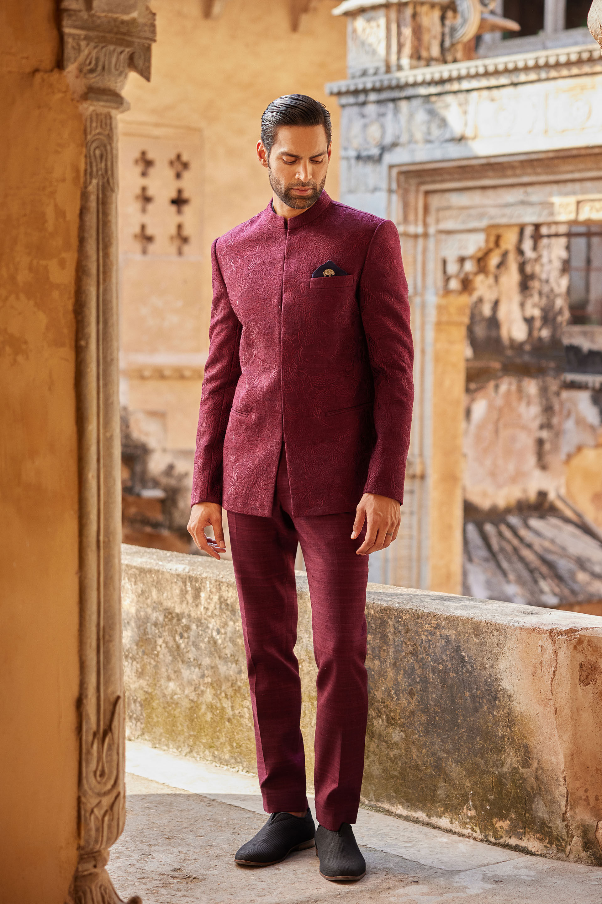 Uprag Embroidered Silk Bandhgala - Plum