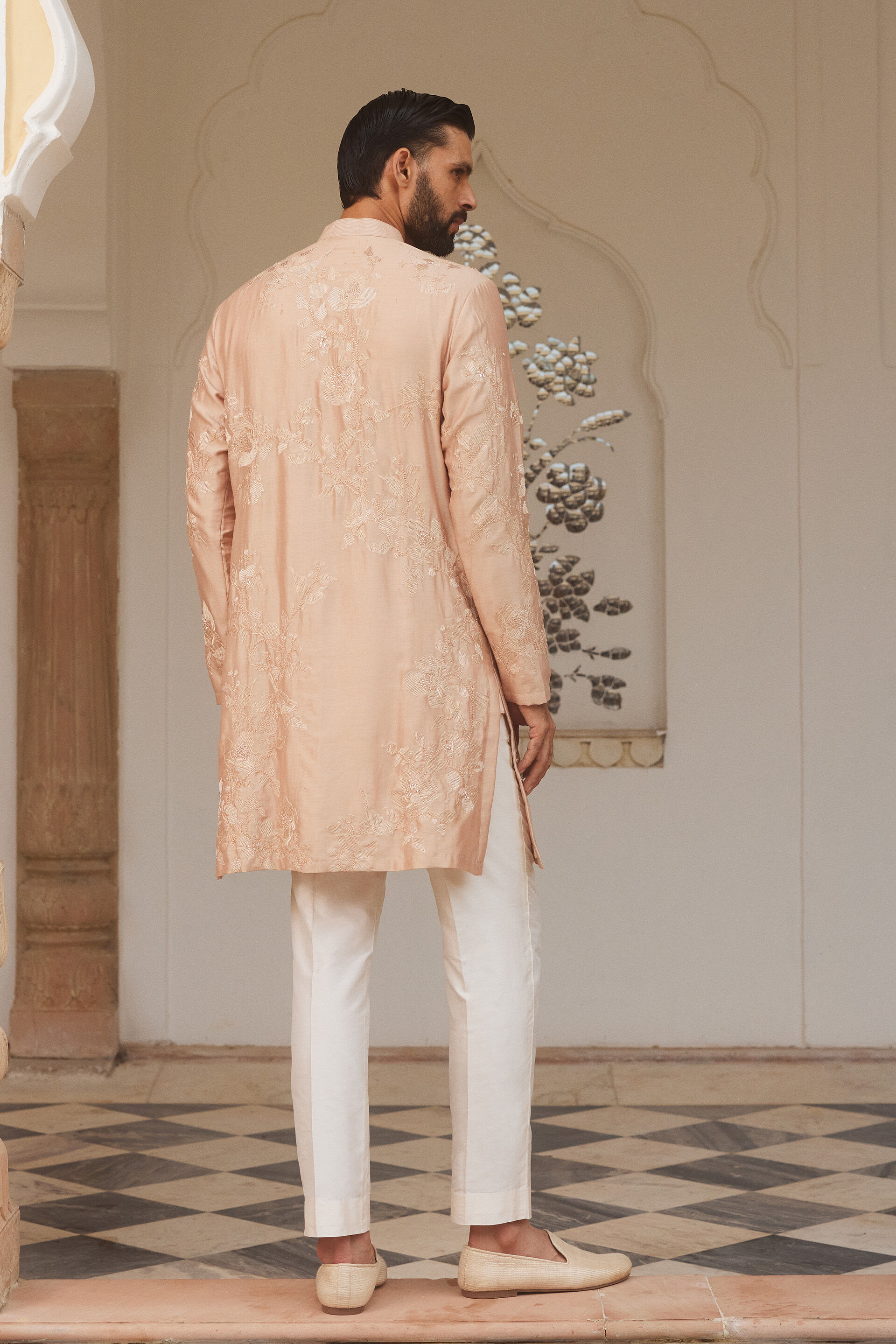 Dharv Embroidered Silk Kurta - Salmon, Salmon, image 2