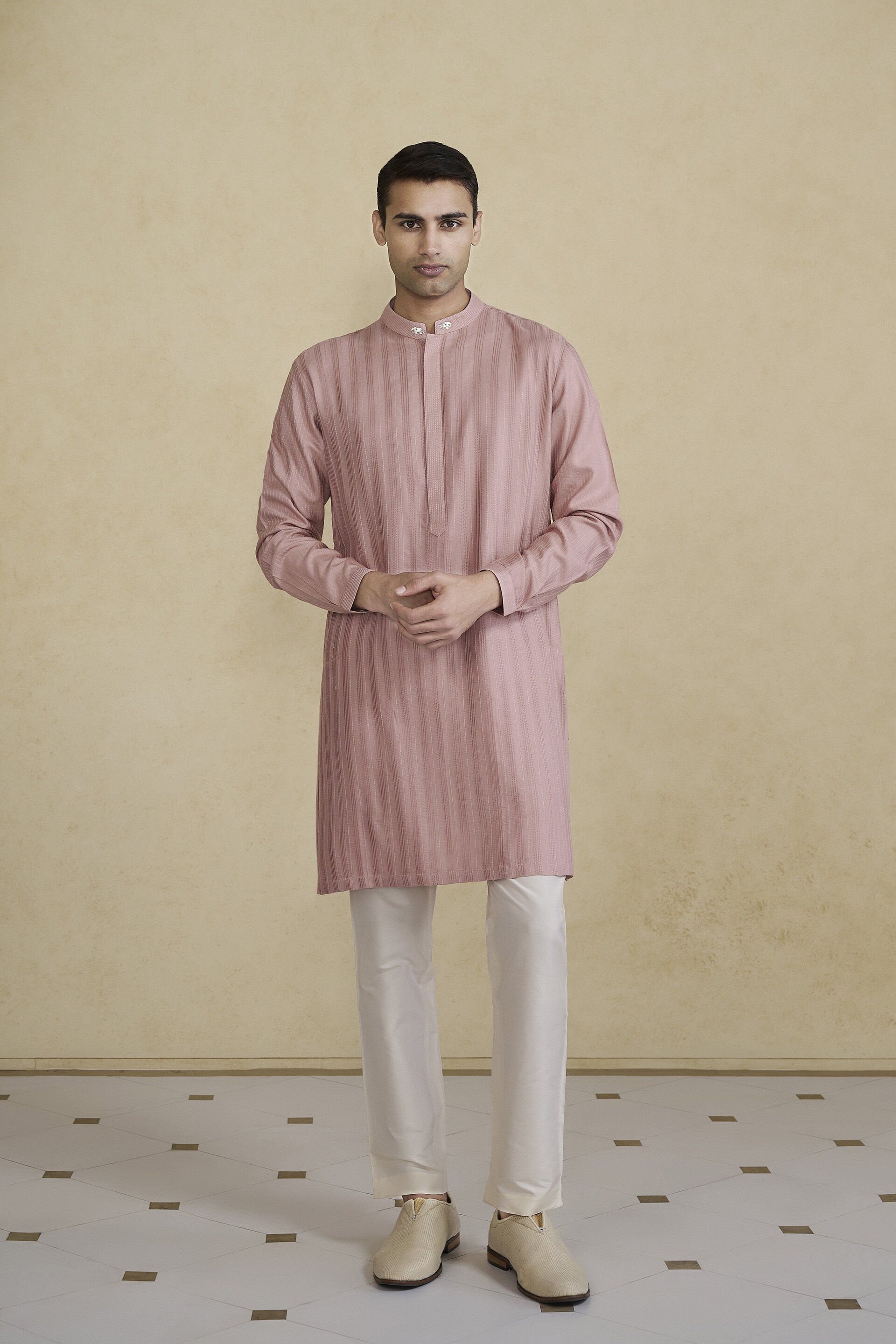 Daeven Embroidered Silk Kurta - Rose Pink, Rose Pink, image 1