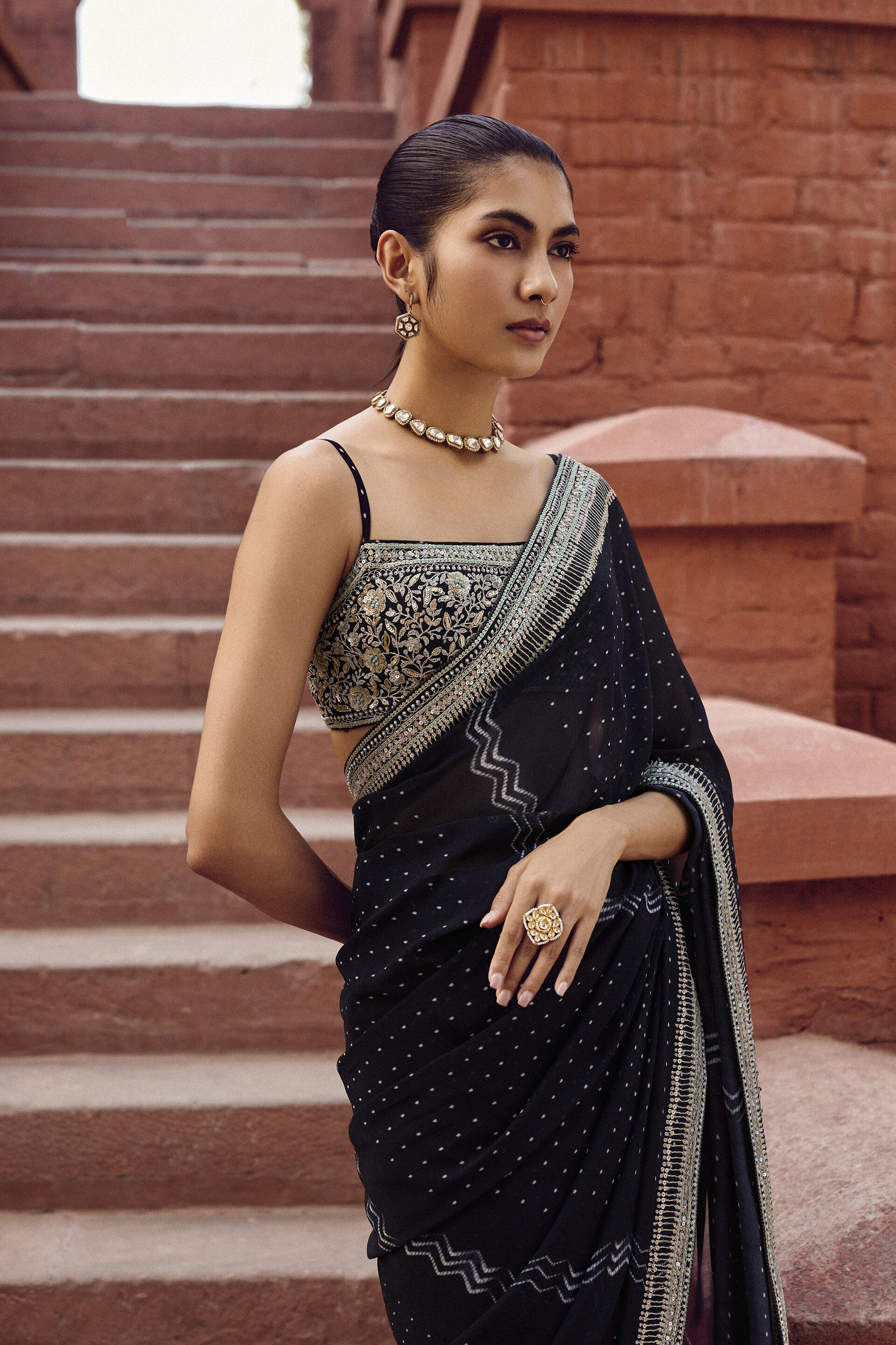 Afruza Embroidered Georgette Saree, Black, image 3