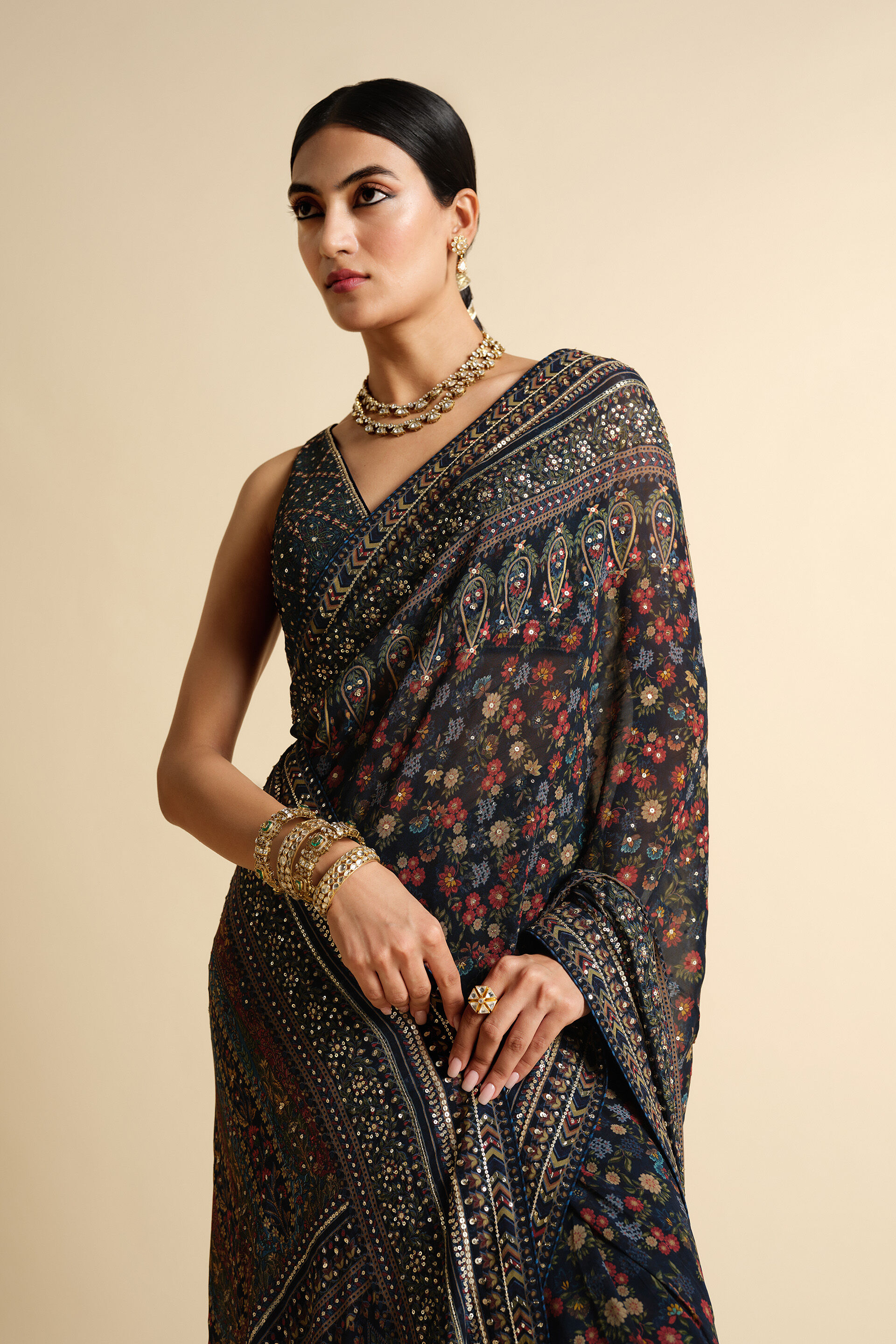 Amalaka Sequin Georgette Saree, Blue, image 5