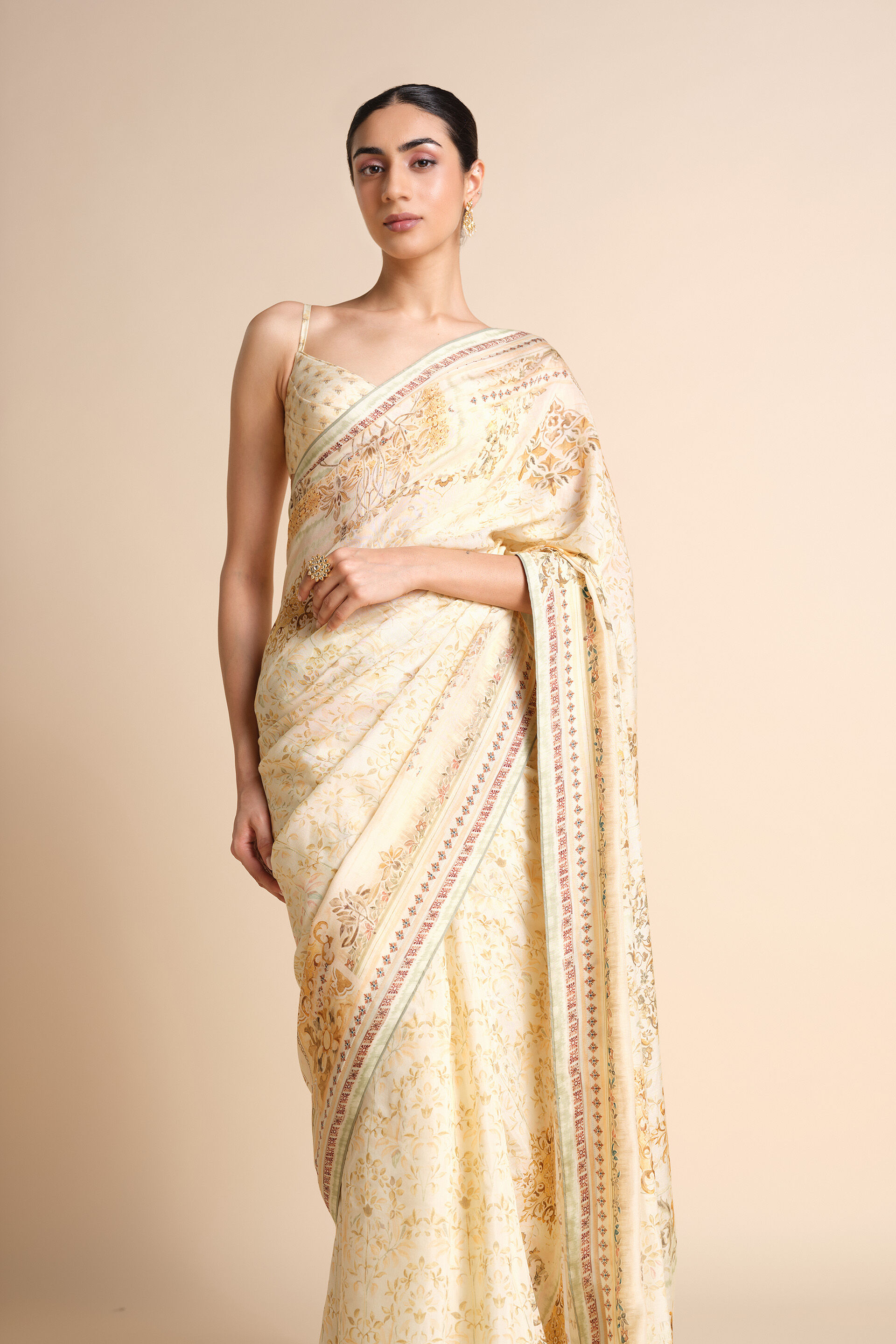 Vanora Printed Saree - Cream, Cream, image 4