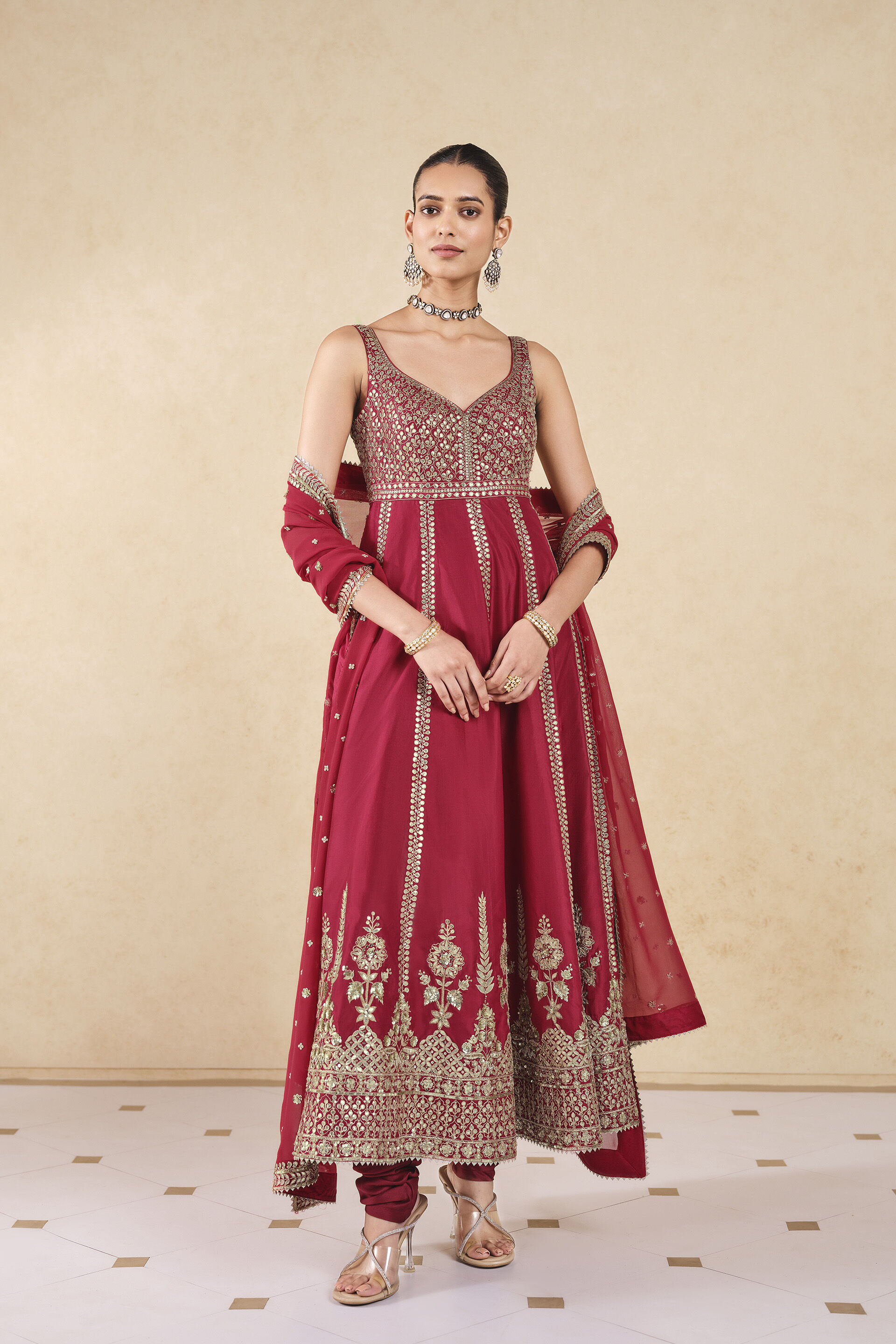 Anaka Gota Patti Silk Anarkali - Red