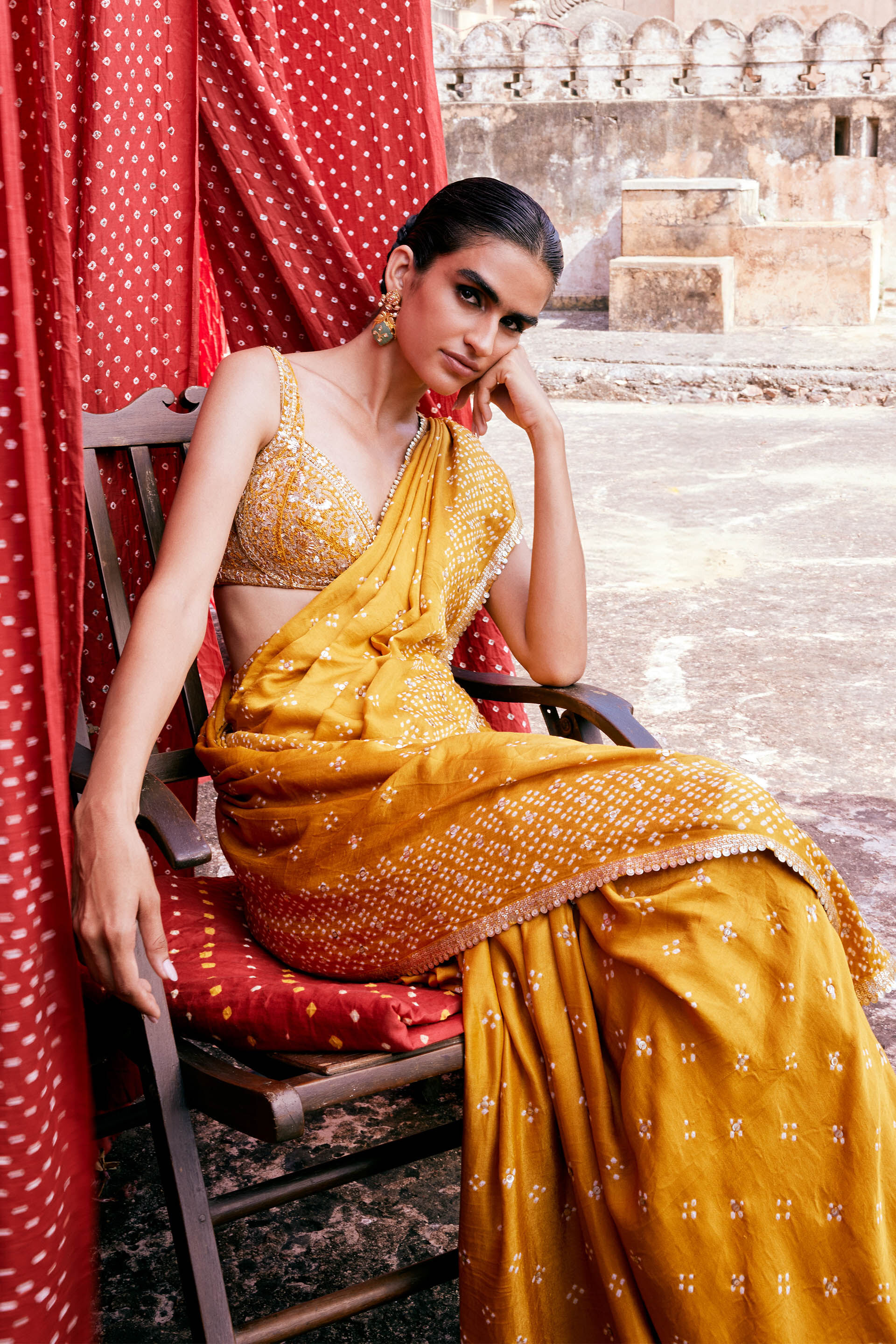 Buy Designer Bahi Handcrafted Bandhani Silk Saree Mustard Online fro