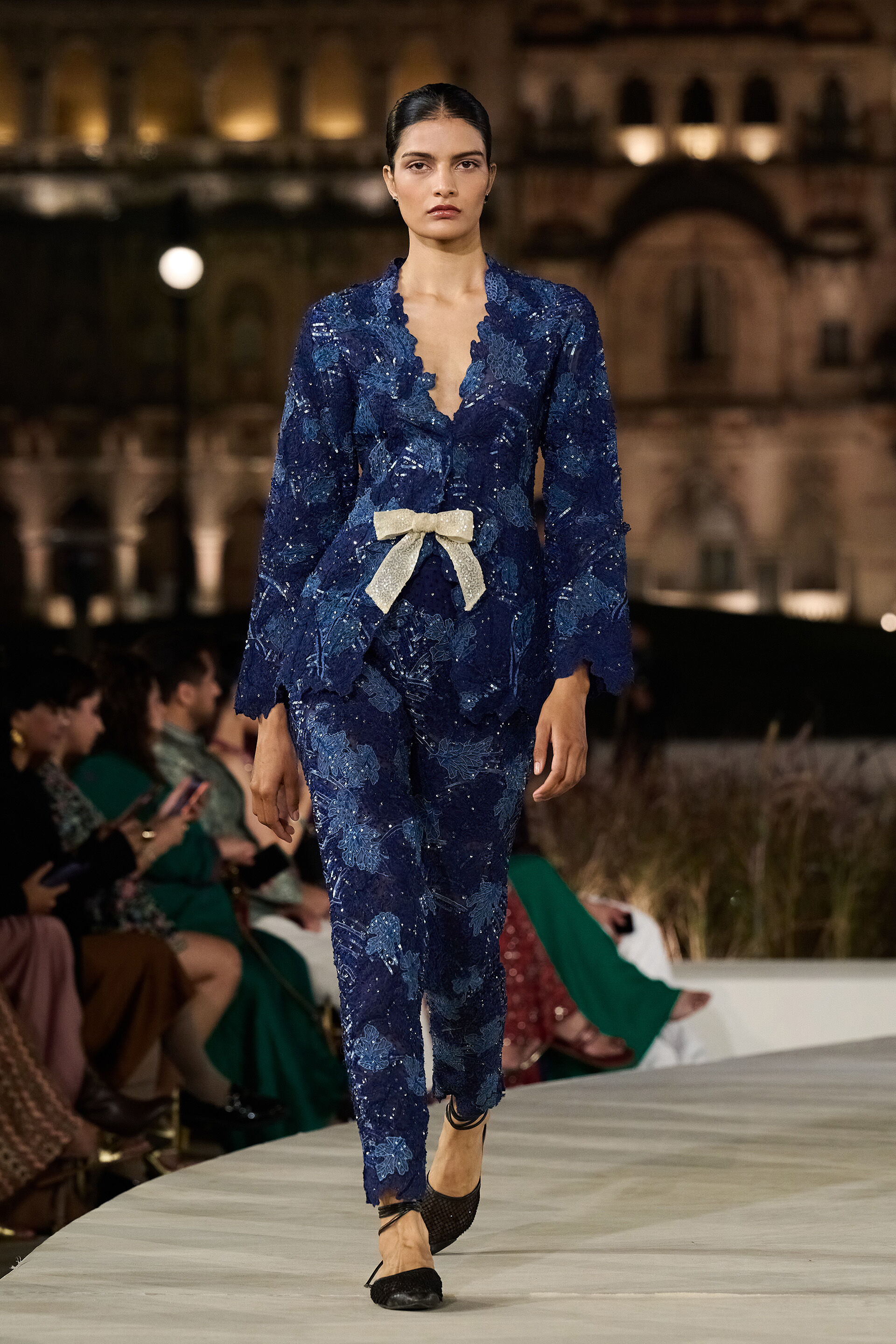 Elysora Embroidered Silk Jacket Set - Blue