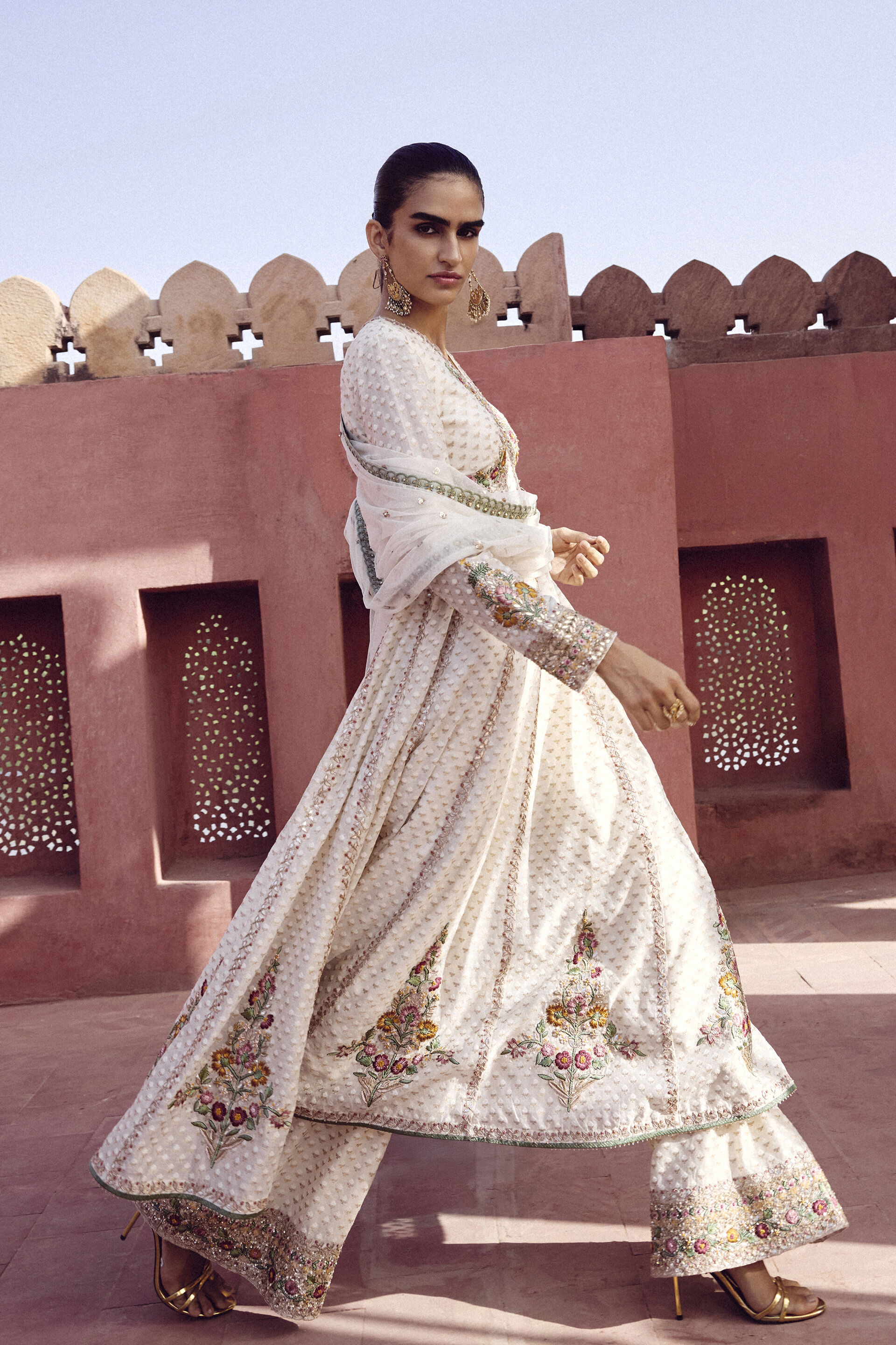 Akshi Handwoven Benarasi Cotton Anarkali Suit Set - Natural, Ivory, image 3