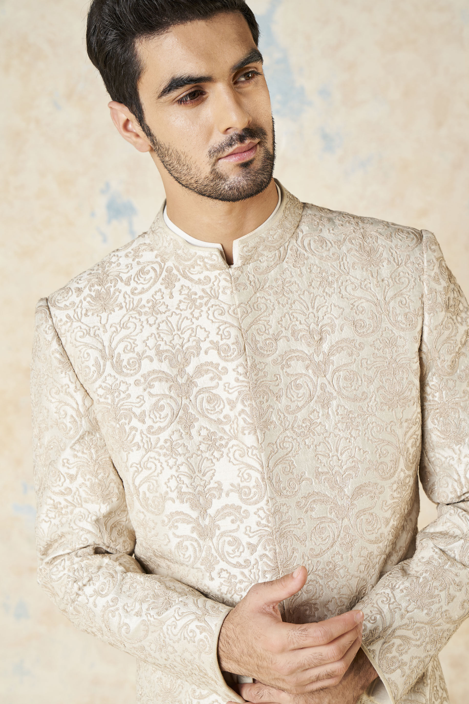 Vehant Embroidered Cord Silk Sherwani - Ivory, Ivory, image 5