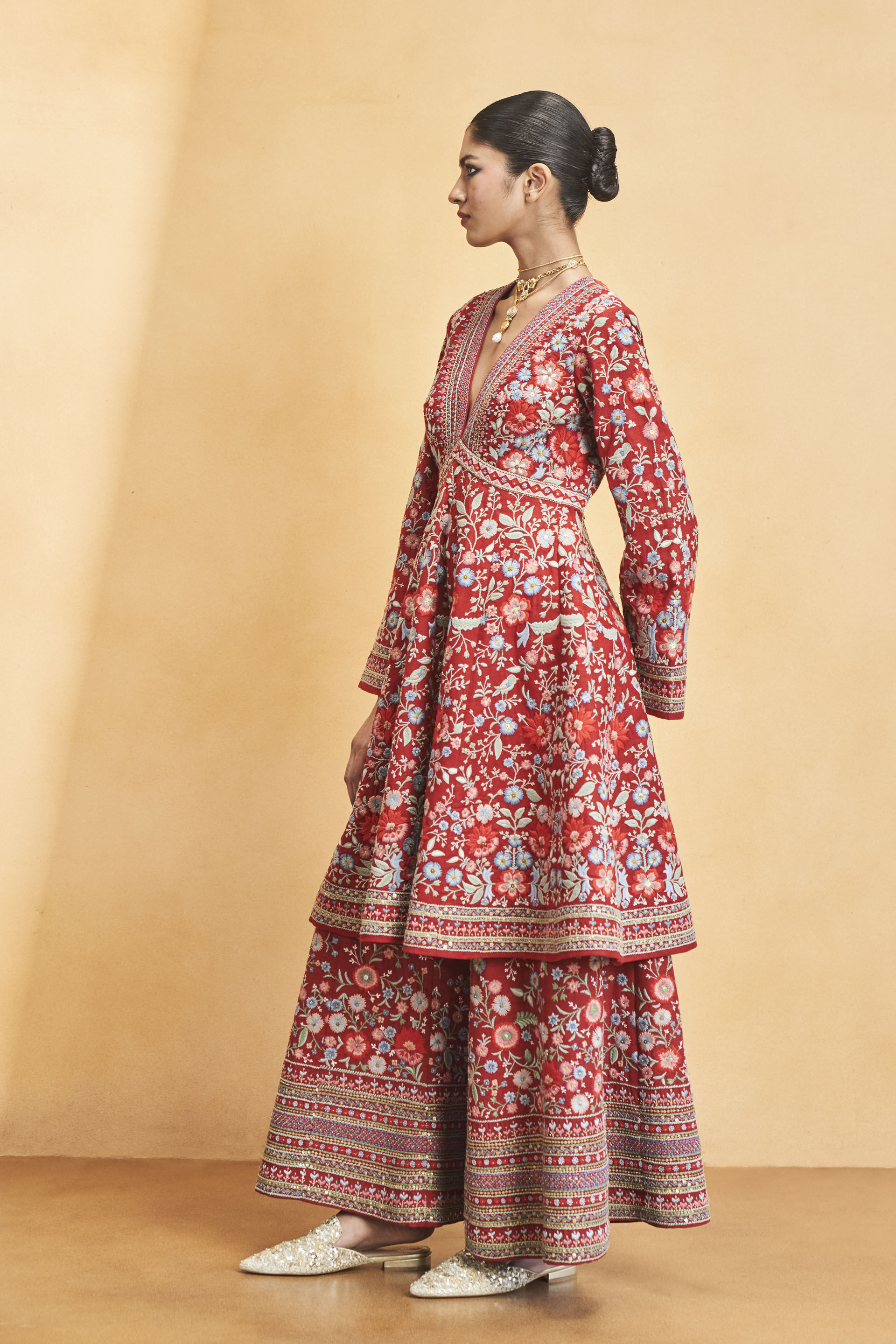 Floral Ballad Embroidered Zardozi Silk Kurta Set - Red, Red, image 3
