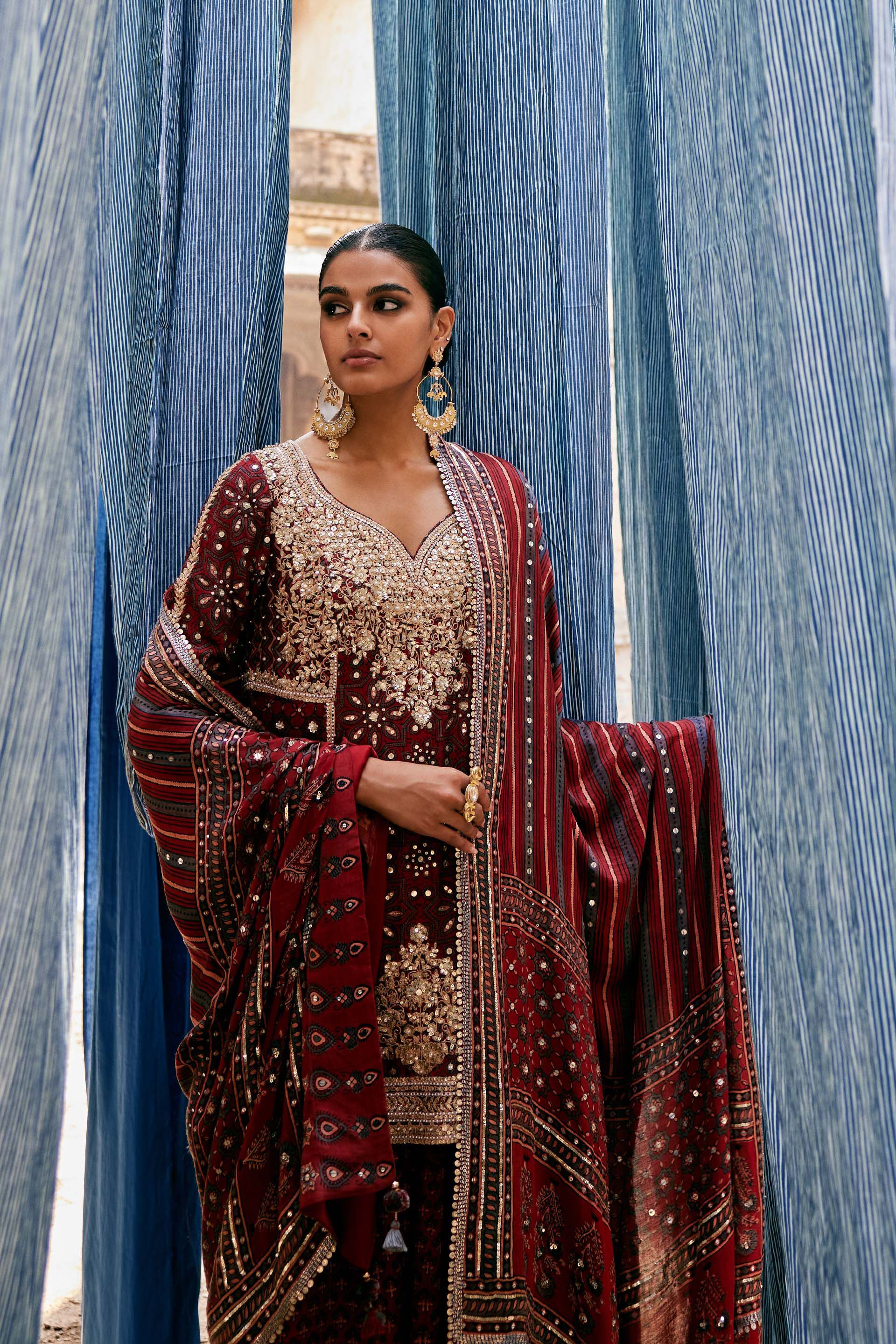 Kirsa Ajrakh Hand-block Printed Silk Sharara Set - Red, Red, image 5