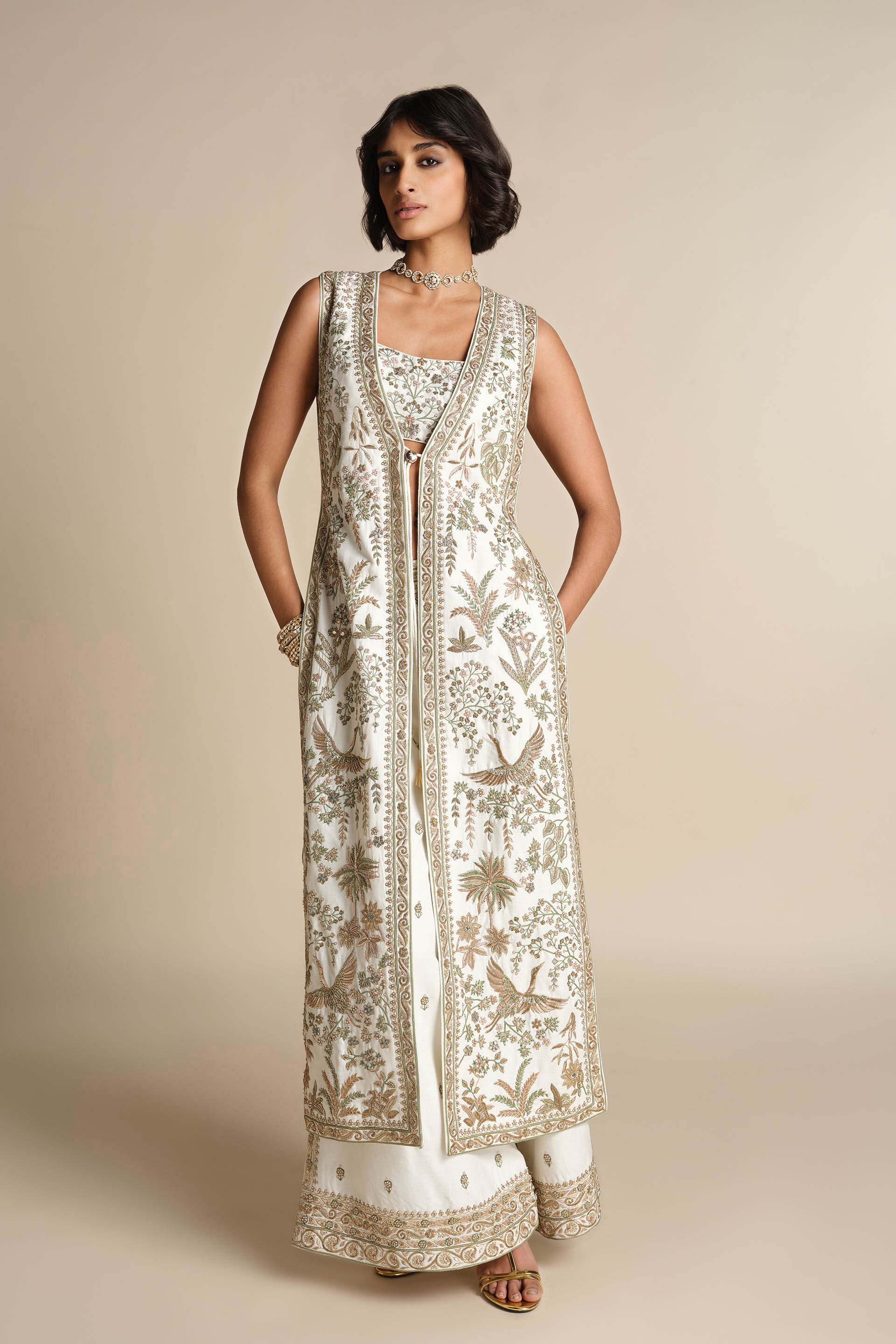 Aralai Embroidered Zardozi Silk Jacket Set - White, Cream, image 1