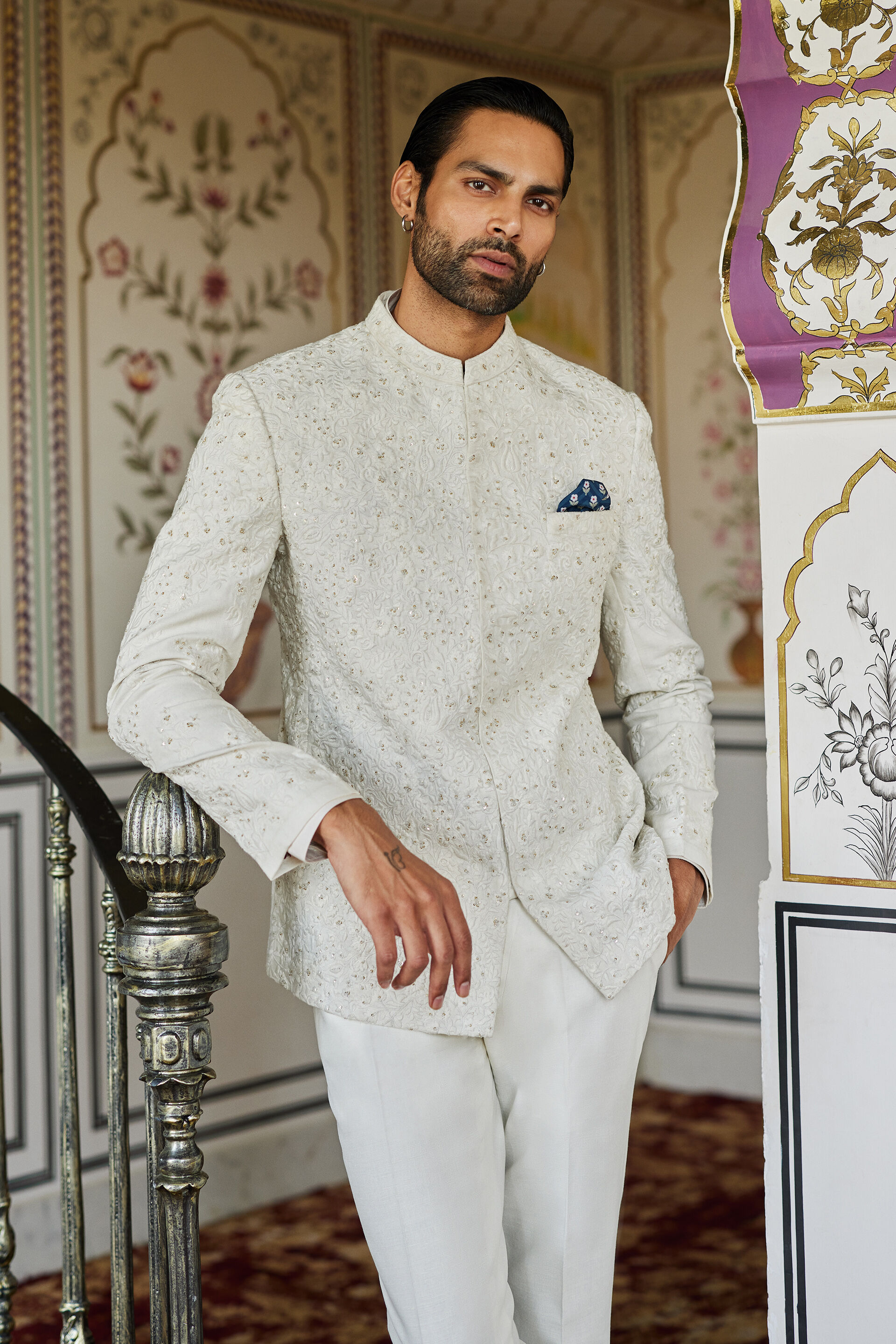 Dhven Embroidered Silk Bandhgala - Off White, Off White, image 3