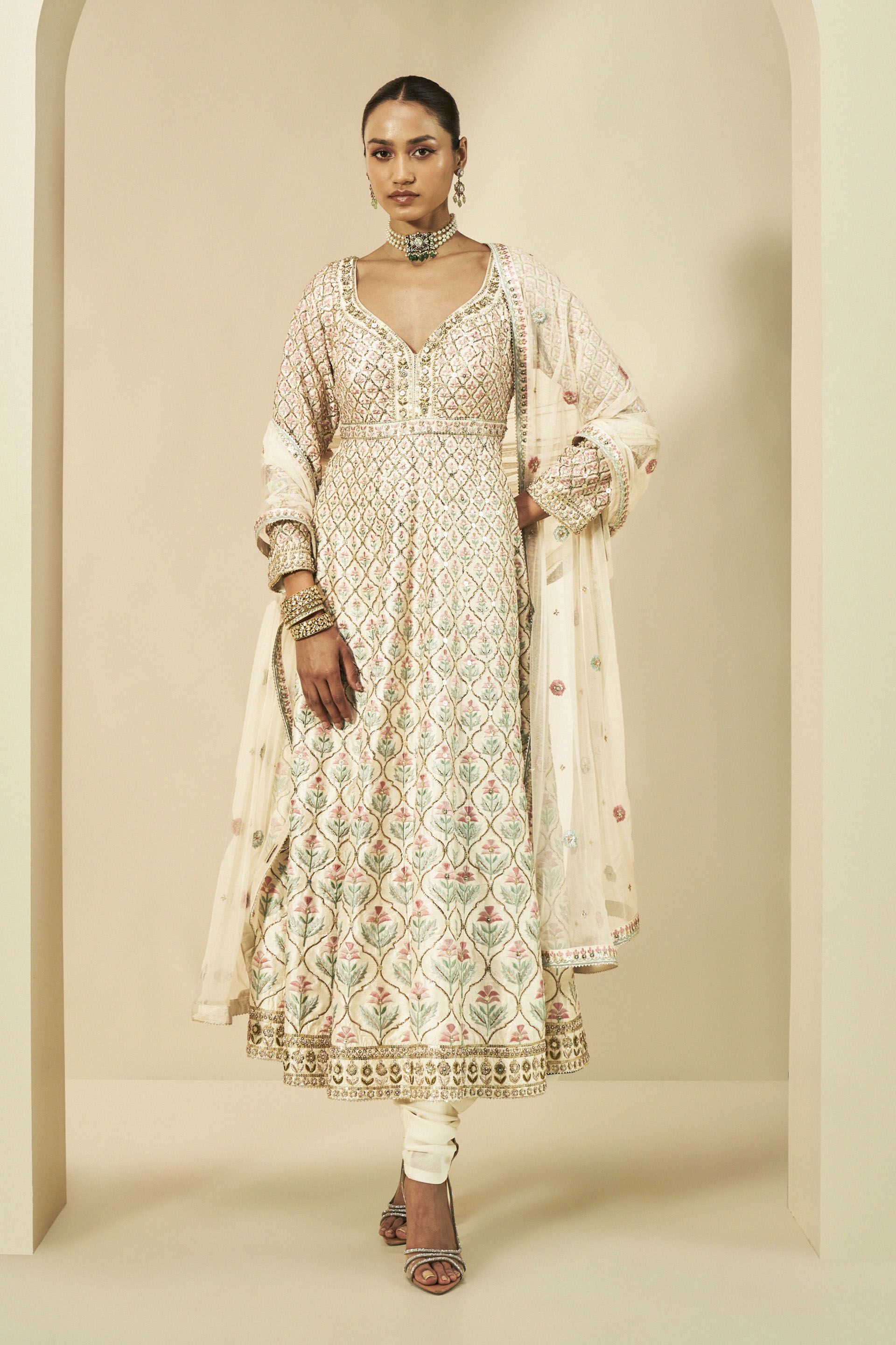 Adri Embroidered Silk Anarkali Set - Cream, Cream, image 1