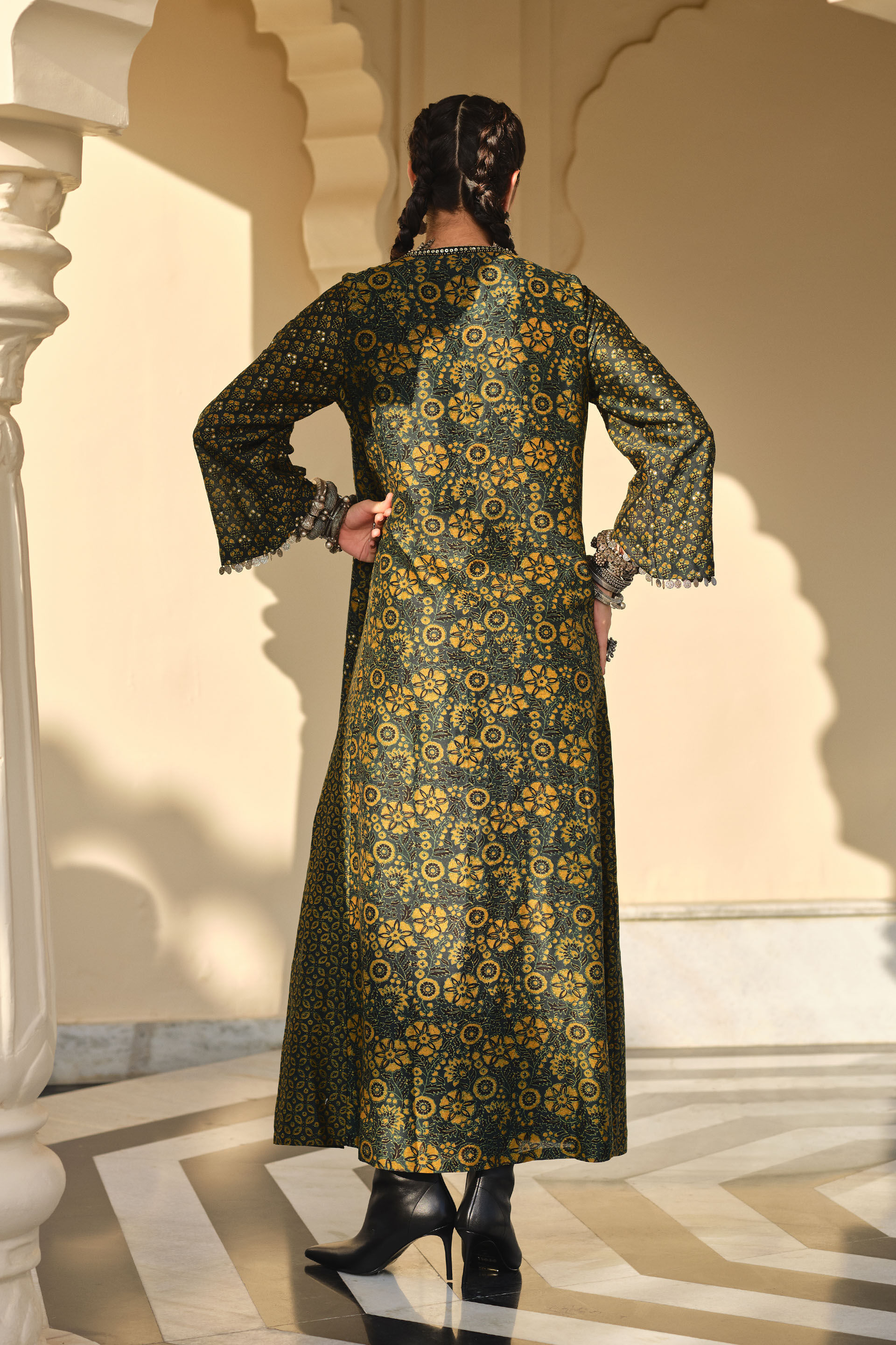 Dreamer Green Mirror Embroidered Ajrakh Kaftan