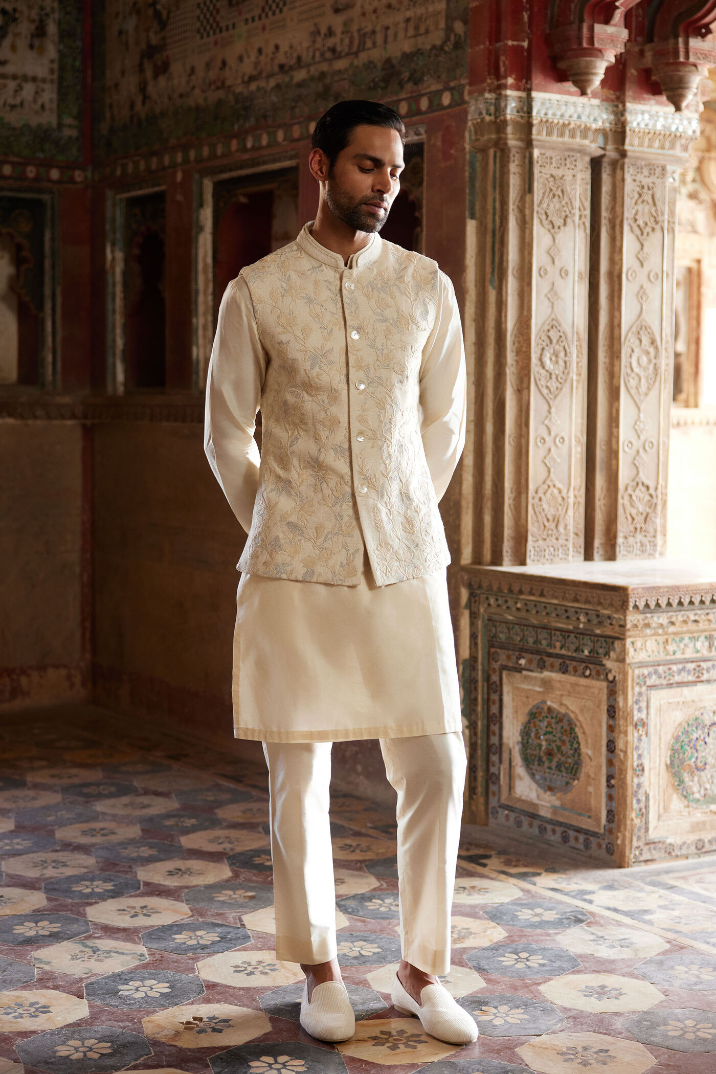 Buy Designer Aaman Embroidered Cord Silk Nehru Jacket Ivory Online f