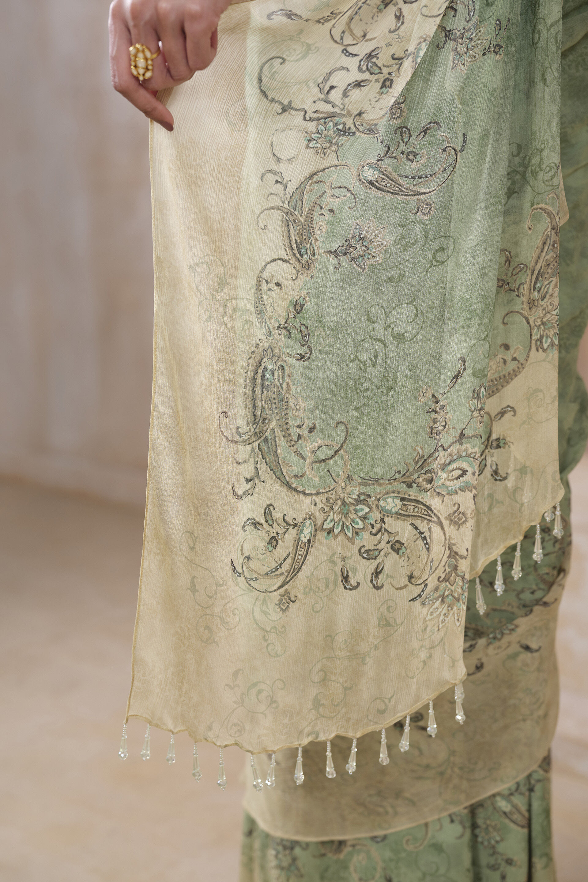 Lizbet Sequin Chiffon Pre-draped Saree - Green, Green, image 5