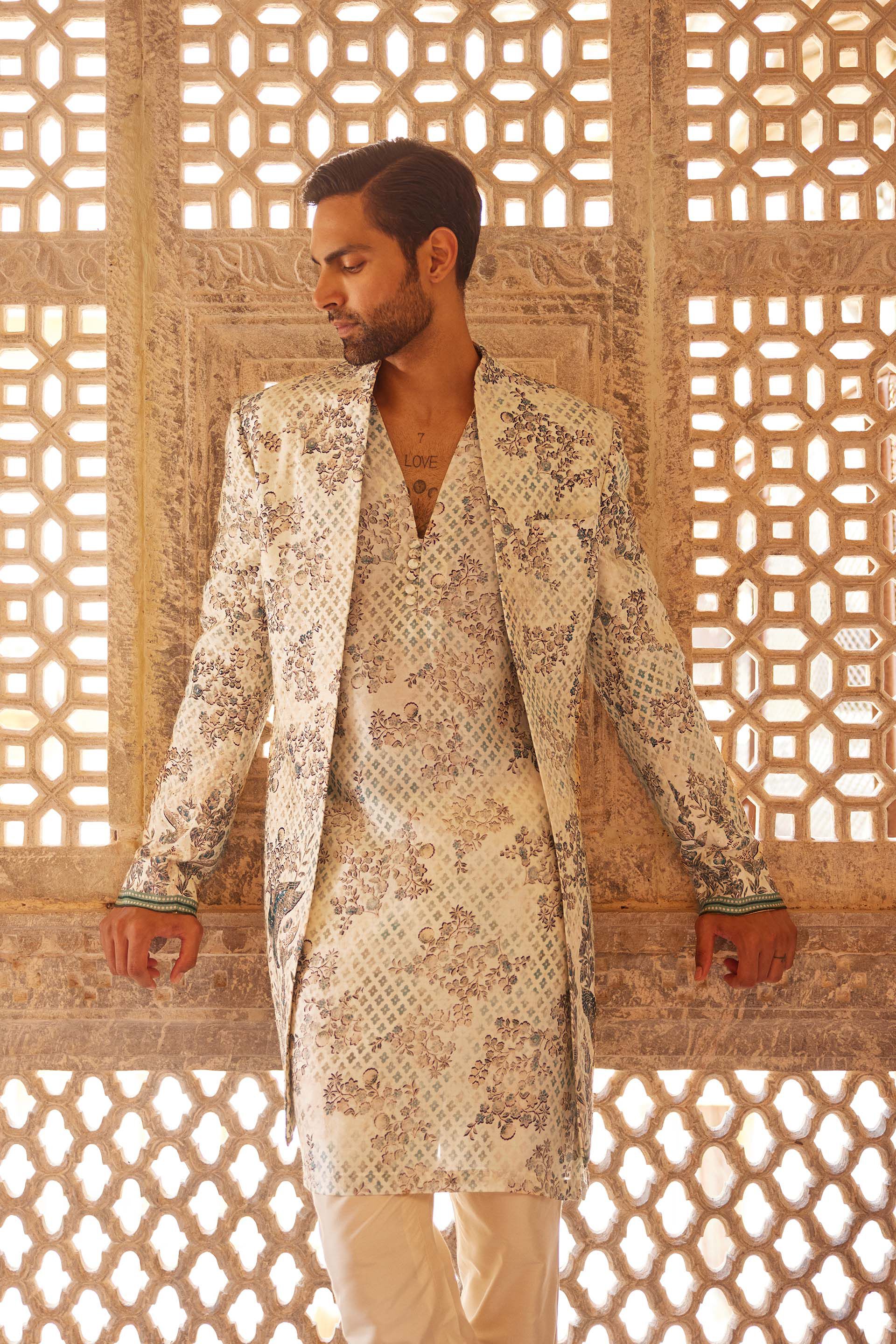 Rukham Printed Silk Sherwani - Ivory, Ivory, image 3
