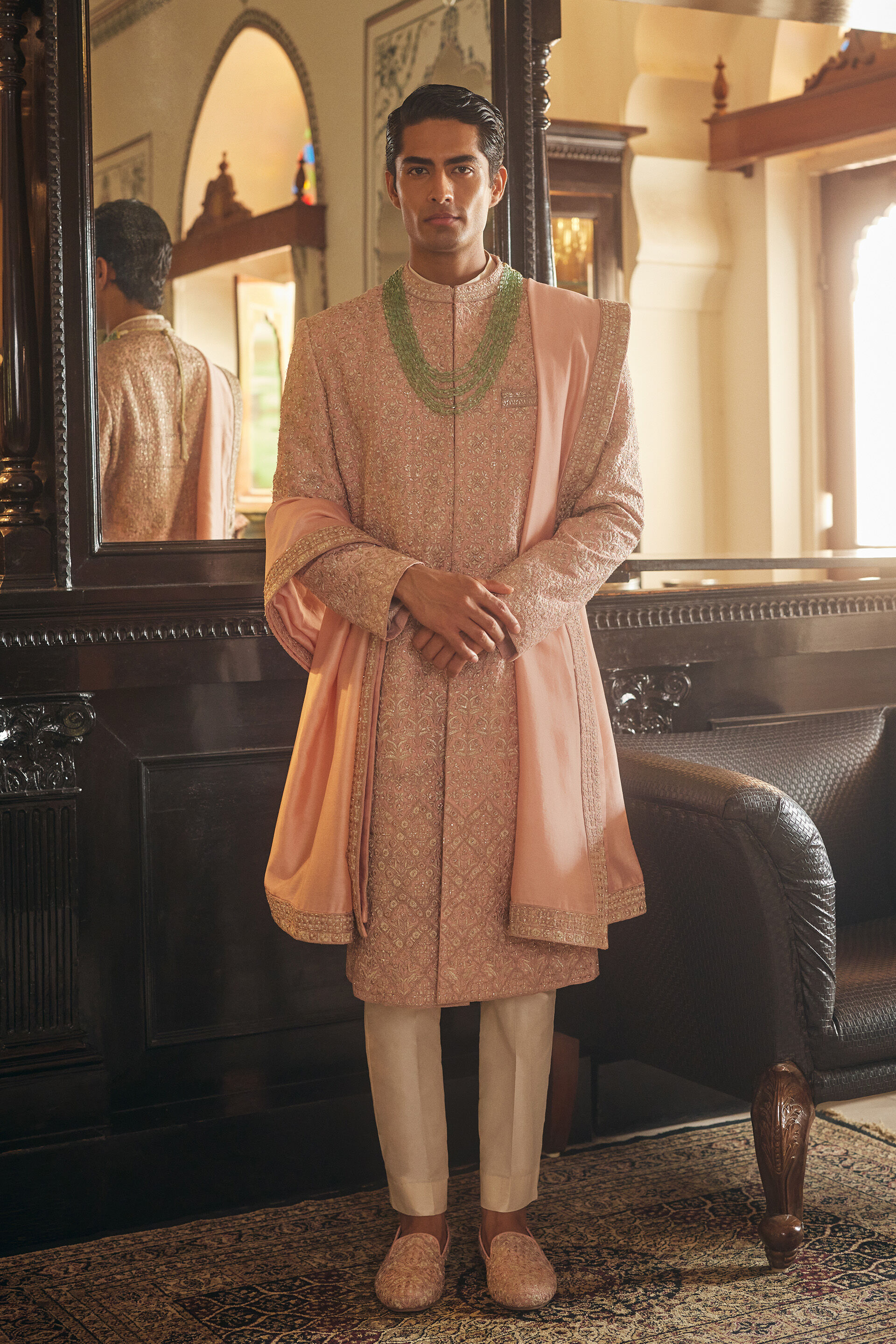 Numair Embroidered Silk Sherwani - Blush