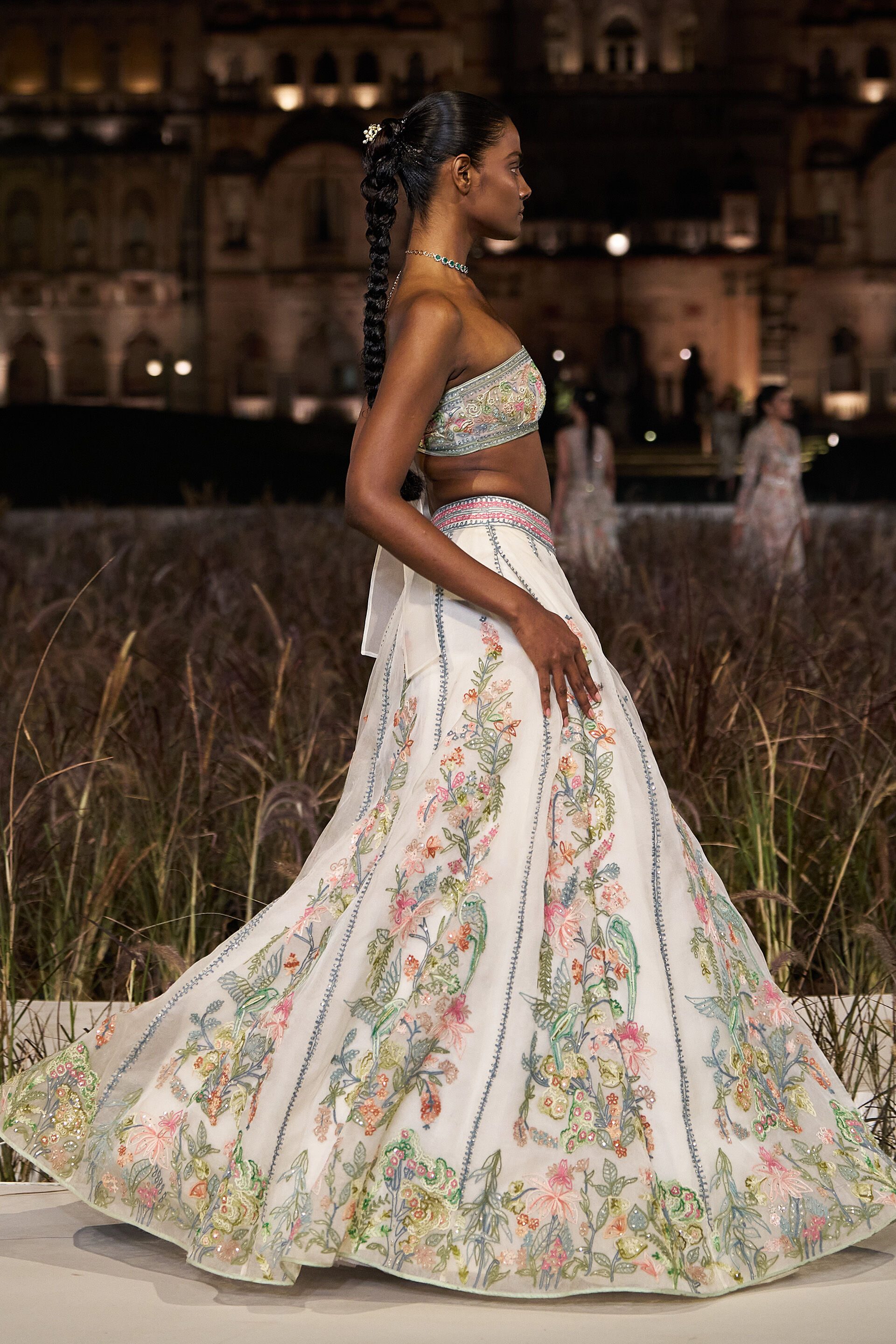 Shawnis Hand-embroidered SEWA Silk Skirt Set - Ivory, Ivory, image 5