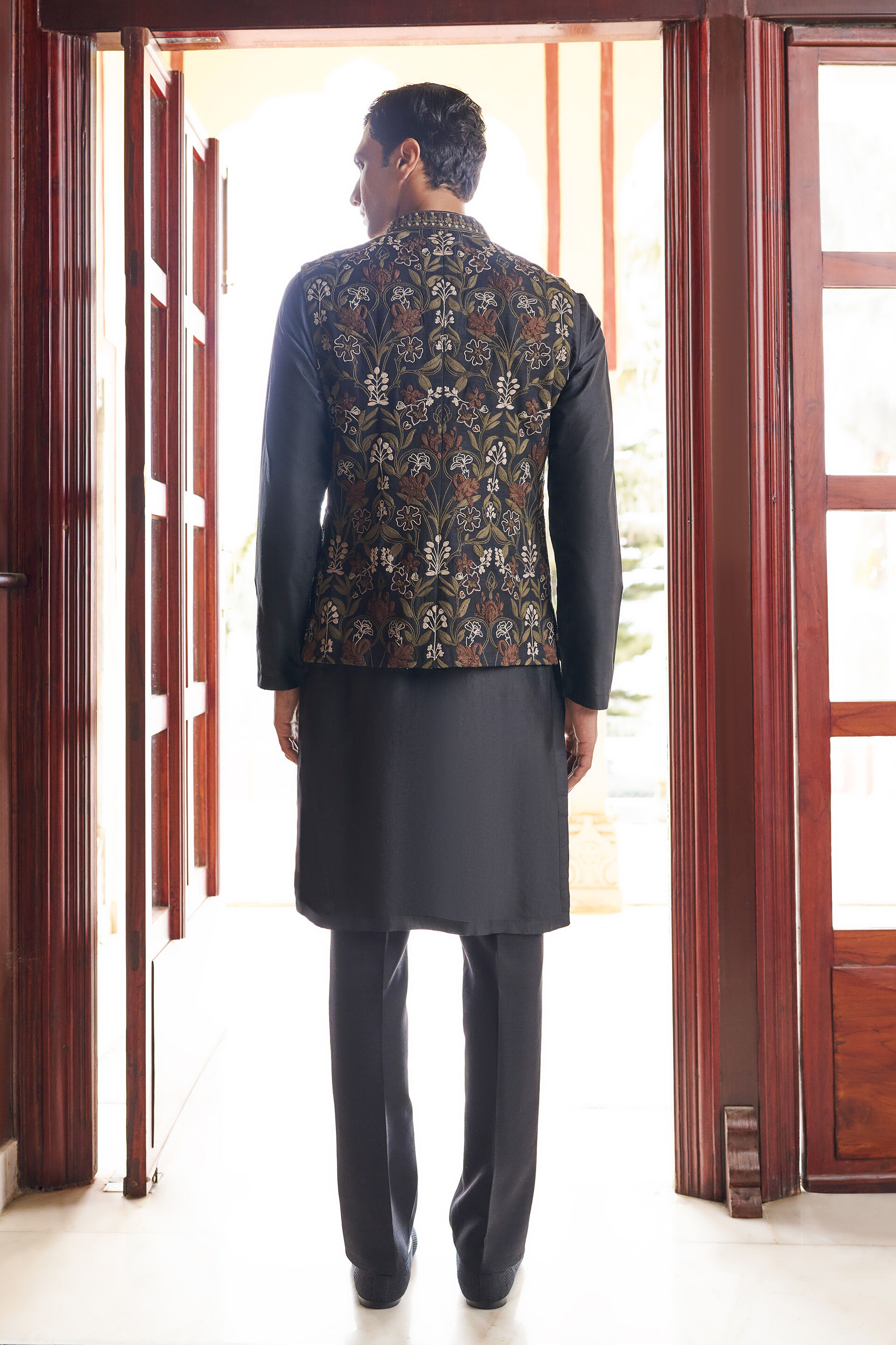 Lush Embroidered Cord Silk Nehru Jacket - Black, Black, image 2