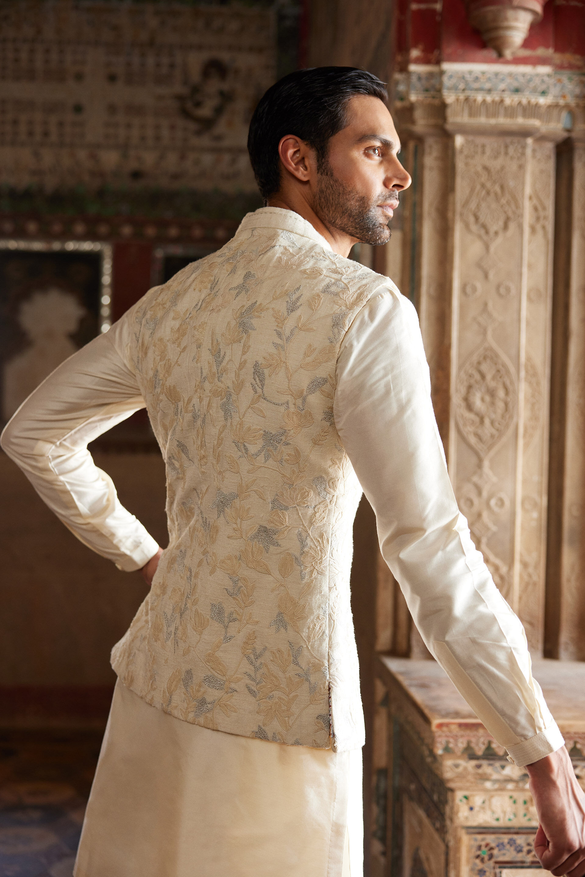 Aaman Embroidered Cord Silk Nehru Jacket - Ivory