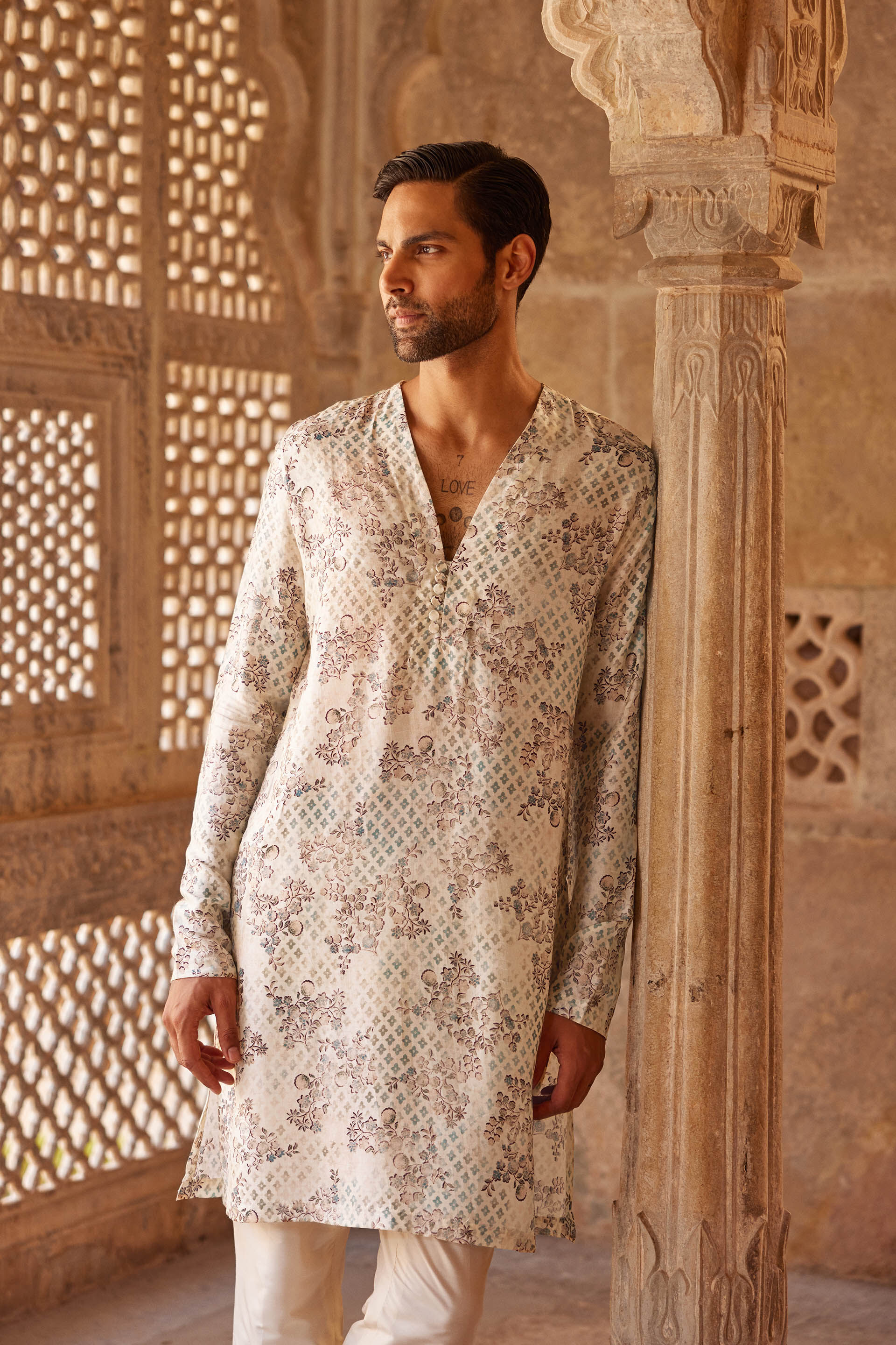 Rukham Printed Silk Kurta - Ivory, Ivory, image 4