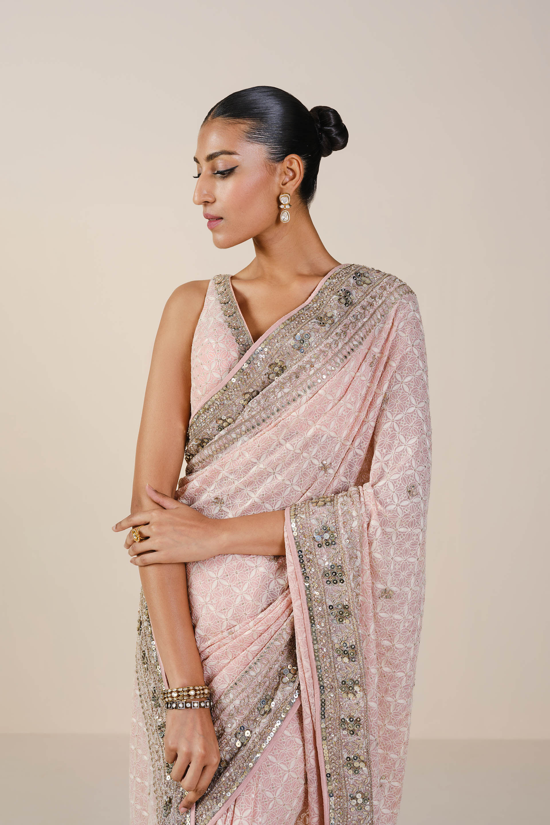 Aaloka Embroidered Georgette Saree, Blush, image 4