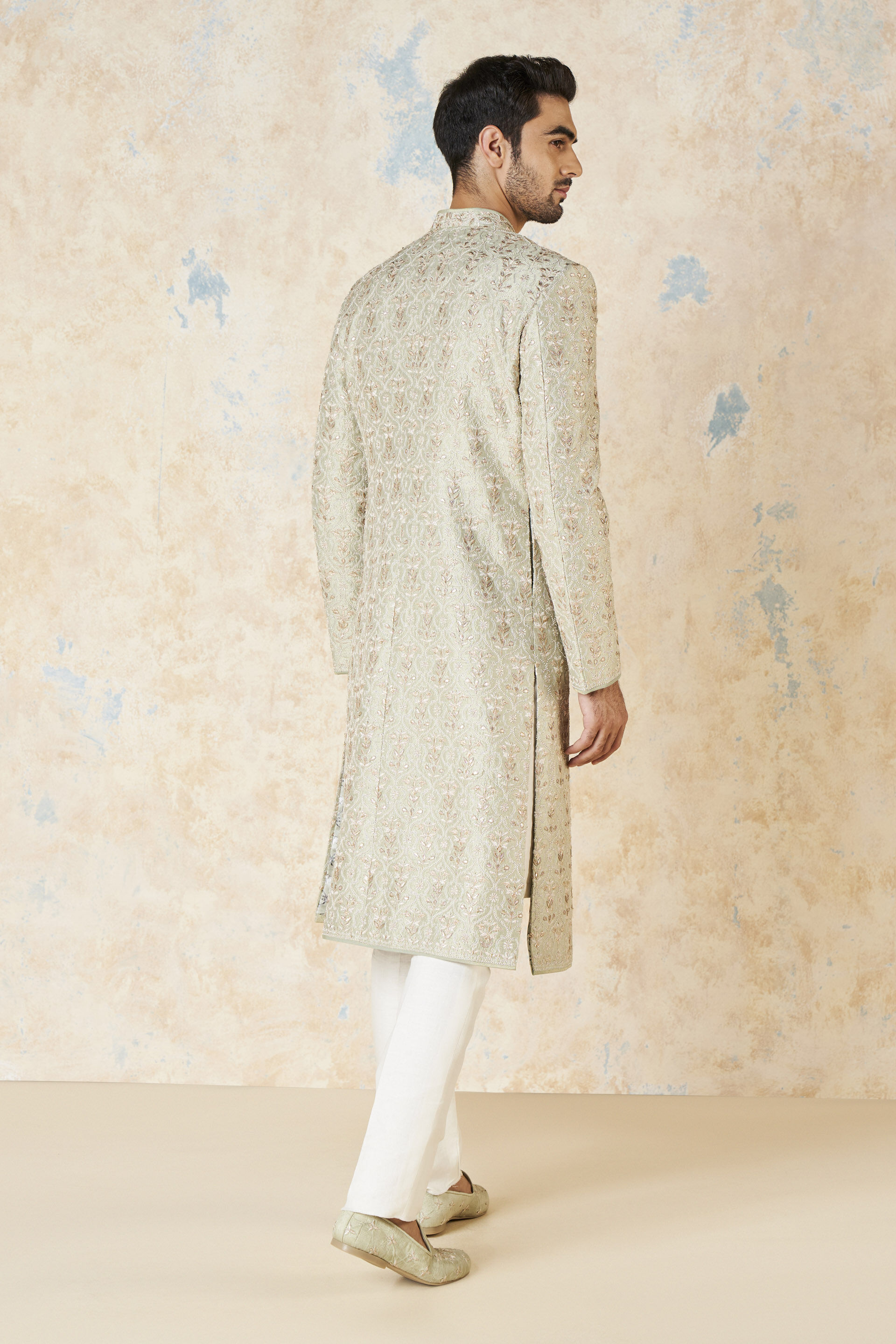 Devarsh Gota Patti & Aari Silk Sherwani - Sage, Sage, image 4