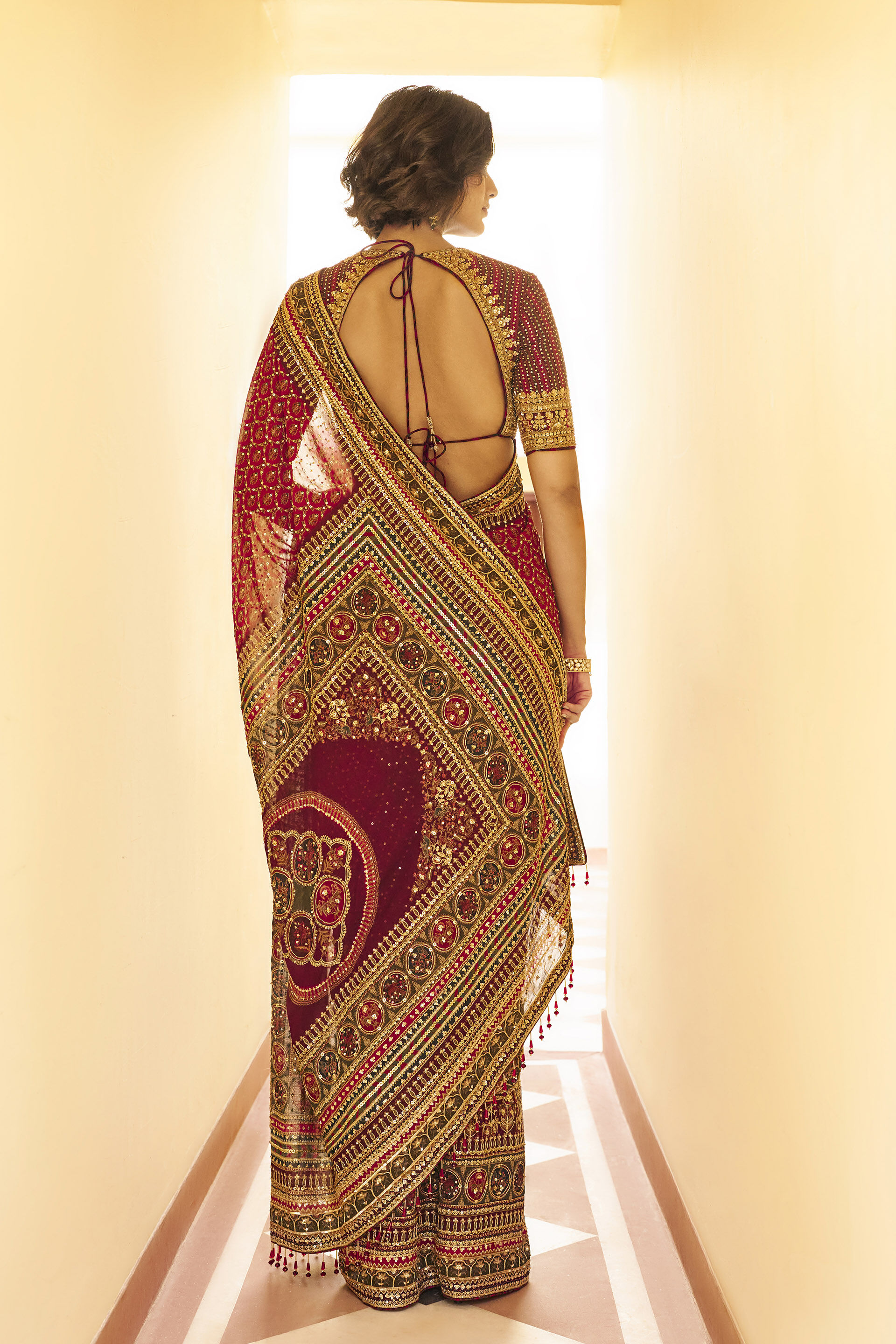 Tenderness Gota Patti Bemberg Saree - Red, Red, image 2