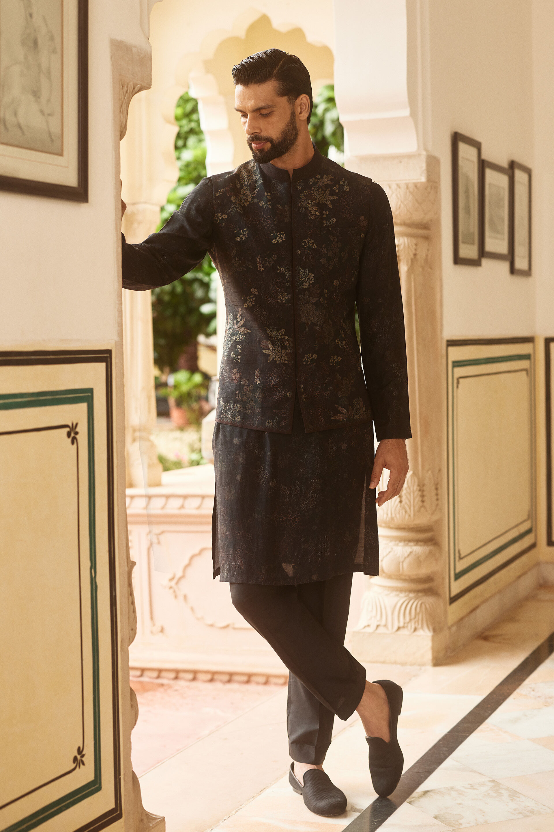 Samit Silk Nehru Jacket - Black